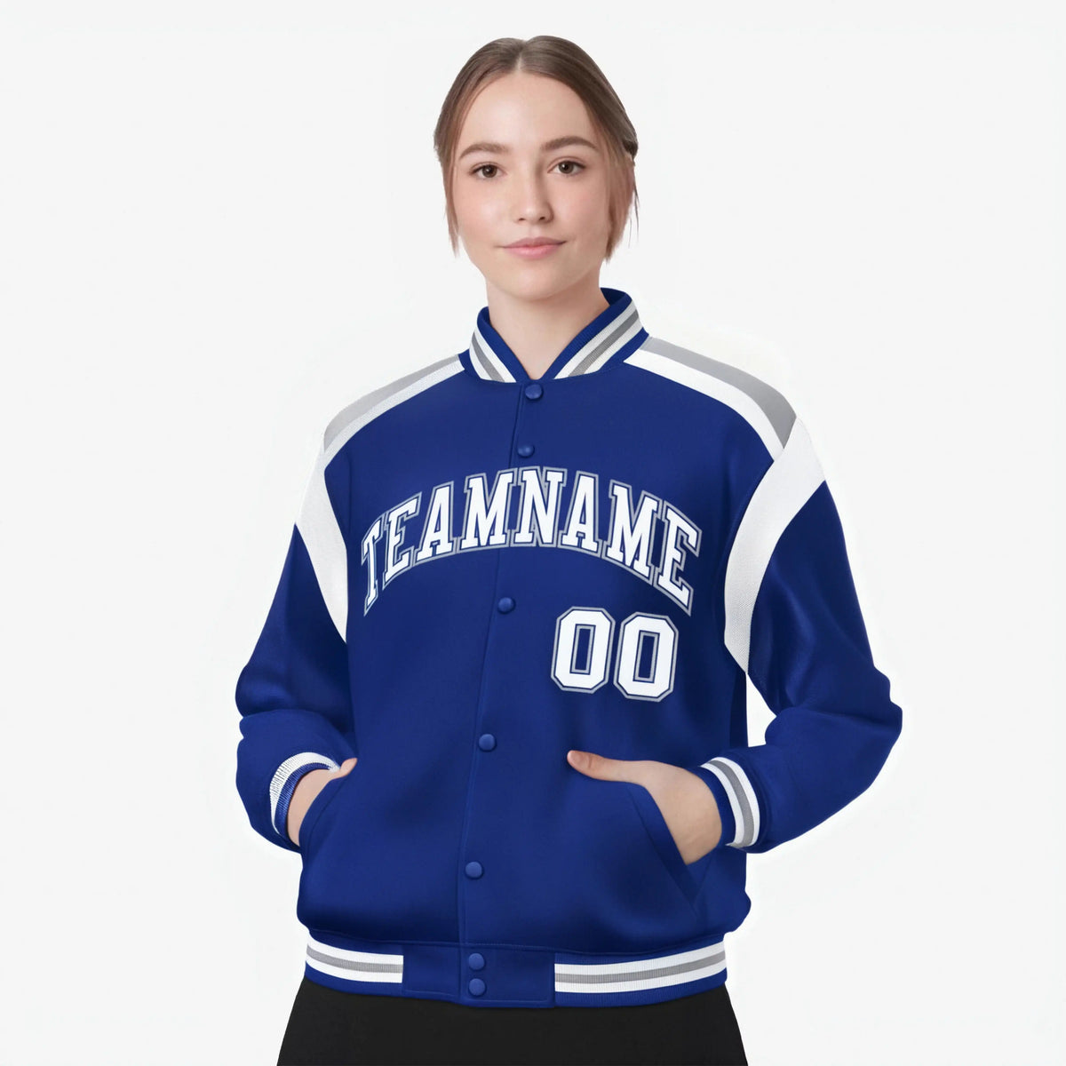 Custom Thunder Blue Gray-White Bomber Full-Snap Varsity Letterman Shoulder Stripe Jacket