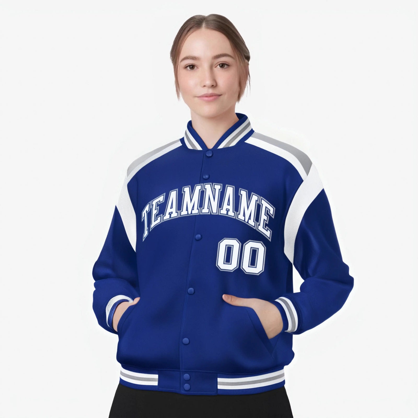 Custom Thunder Blue Gray-White Bomber Full-Snap Varsity Letterman Shoulder Stripe Jacket