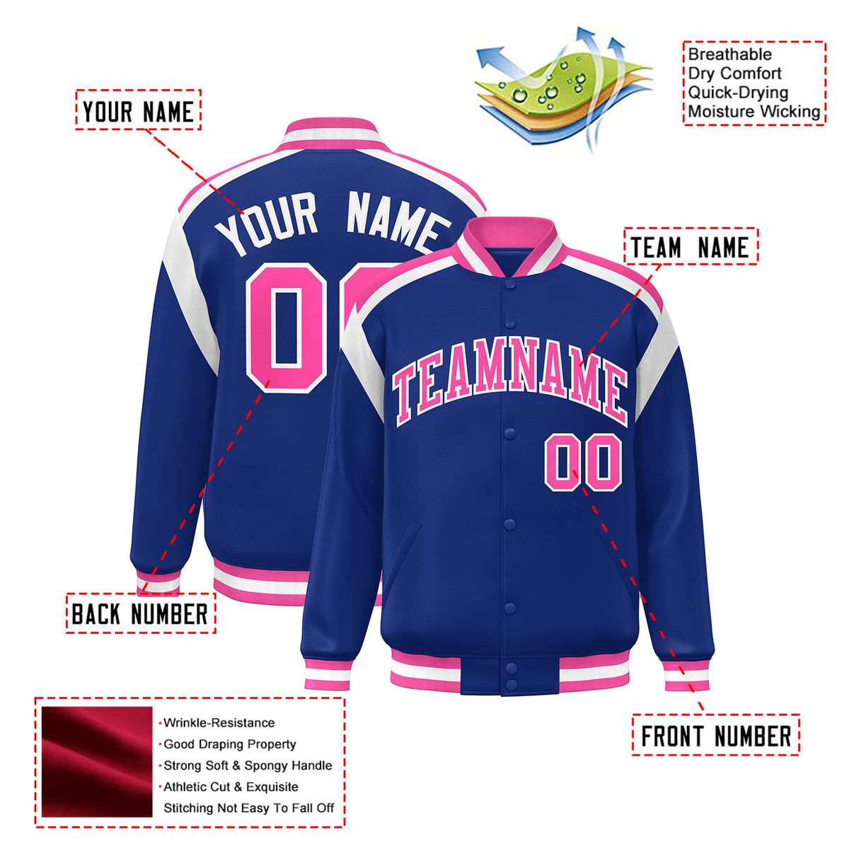 Custom Thunder Blue Pink-White Bomber Full-Snap Varsity Letterman Shoulder Stripe Jacket