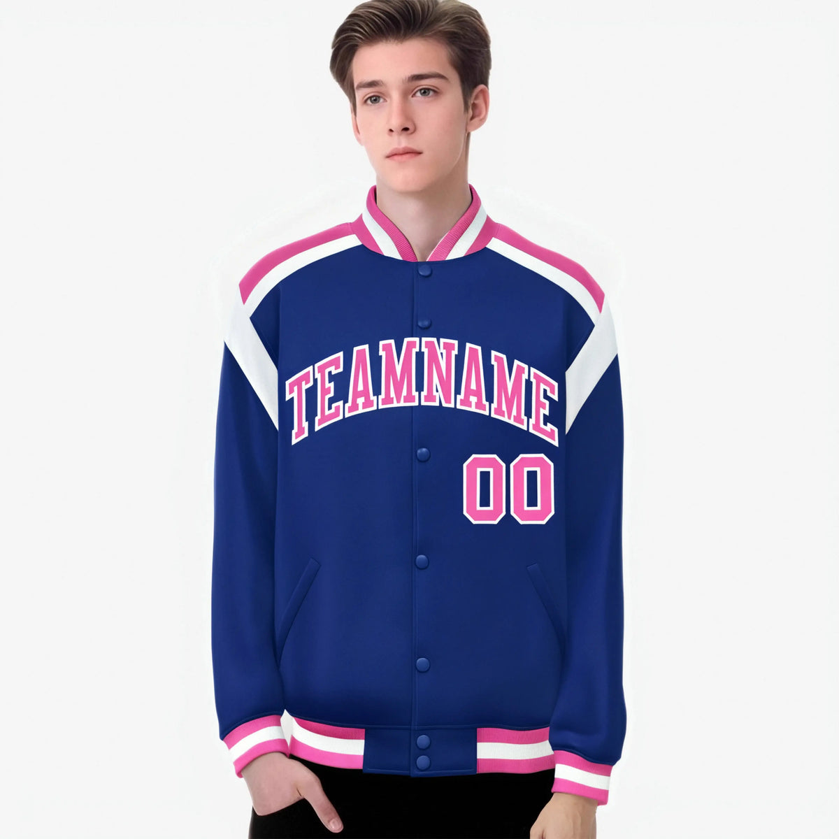 Custom Thunder Blue Pink-White Bomber Full-Snap Varsity Letterman Shoulder Stripe Jacket