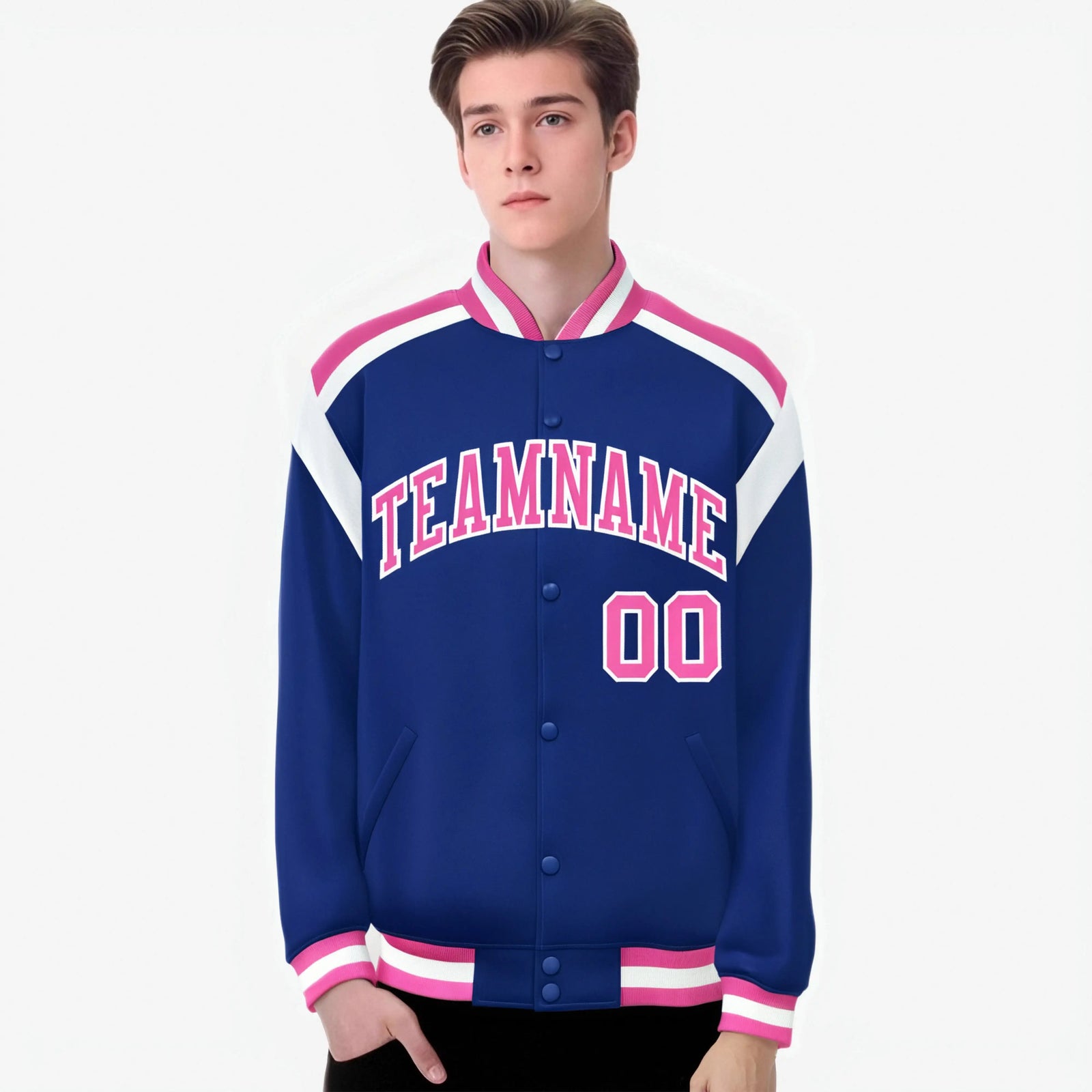 Custom Thunder Blue Pink-White Bomber Full-Snap Varsity Letterman Shoulder Stripe Jacket