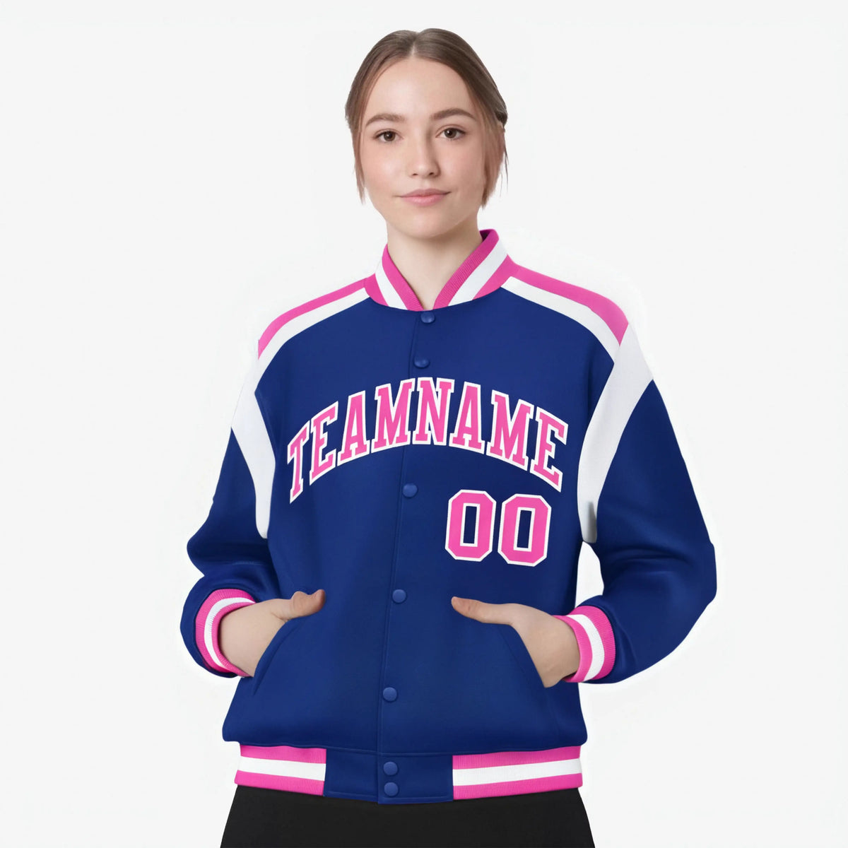 Custom Thunder Blue Pink-White Bomber Full-Snap Varsity Letterman Shoulder Stripe Jacket