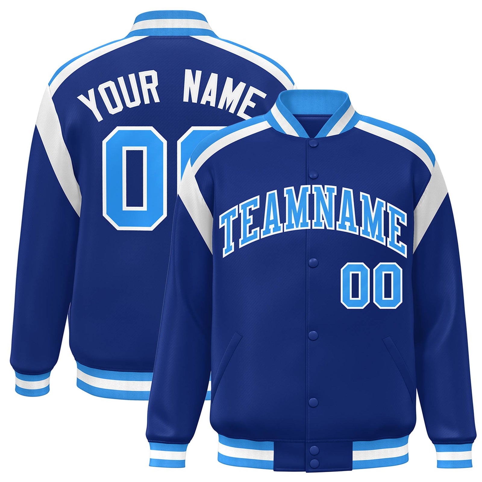 Custom Thunder Blue Light-Blue White Bomber Full-Snap Varsity Letterman Shoulder Stripe Jacket