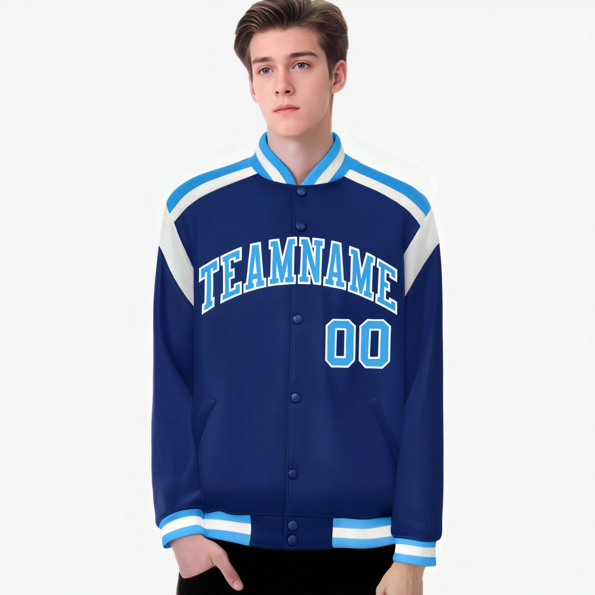 Custom Thunder Blue Light-Blue White Bomber Full-Snap Varsity Letterman Shoulder Stripe Jacket