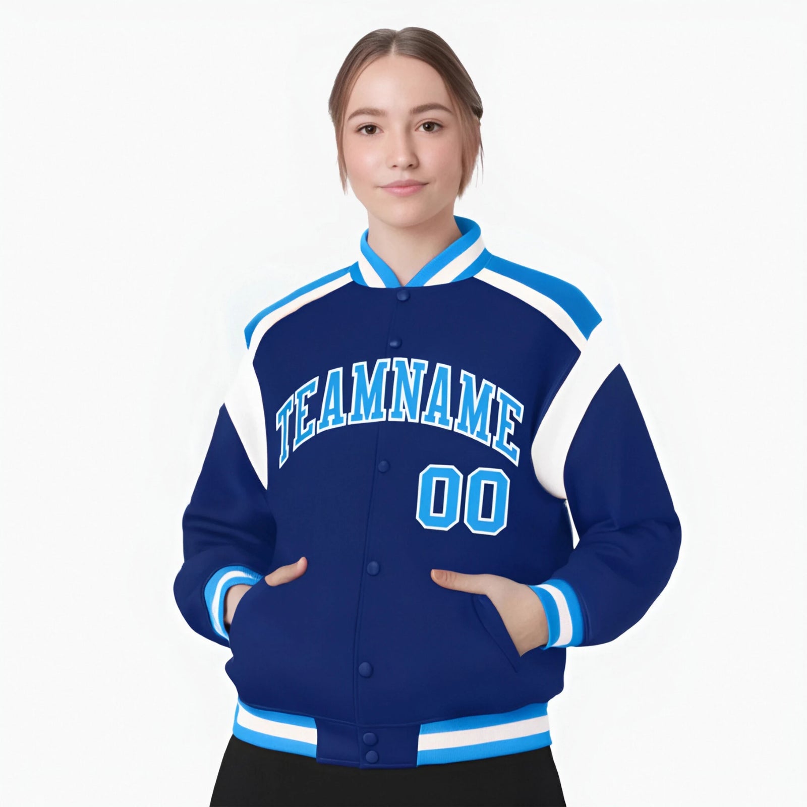 Custom Thunder Blue Light-Blue White Bomber Full-Snap Varsity Letterman Shoulder Stripe Jacket
