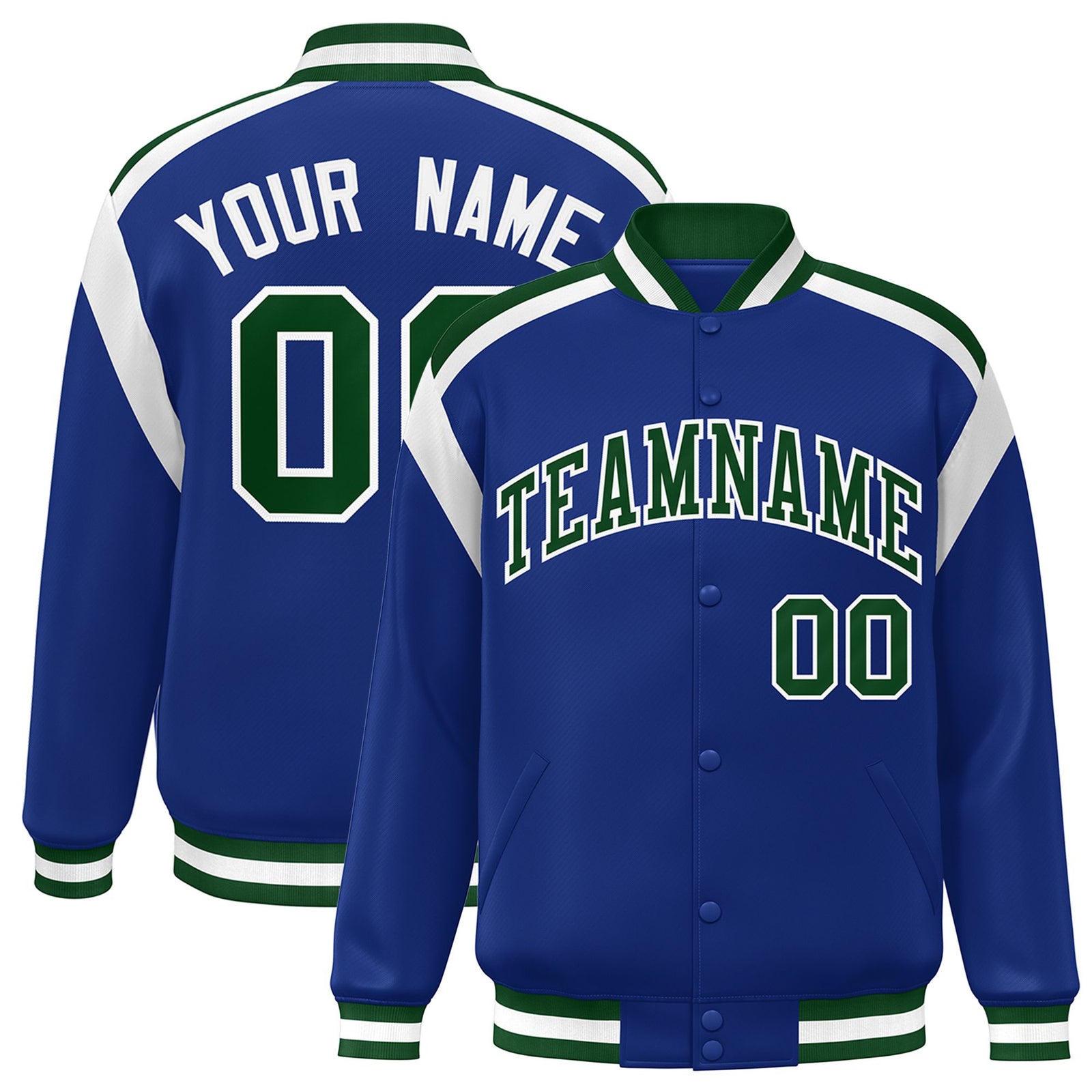 Custom Thunder Blue Green-White Bomber Full-Snap Varsity Letterman Shoulder Stripe Jacket
