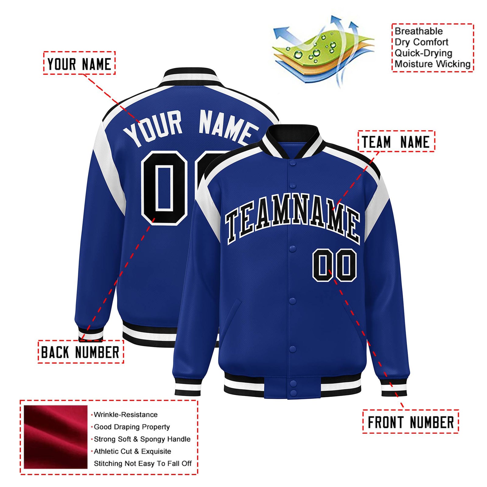 Custom Thunder Blue Black-White Bomber Full-Snap Varsity Letterman Shoulder Stripe Jacket