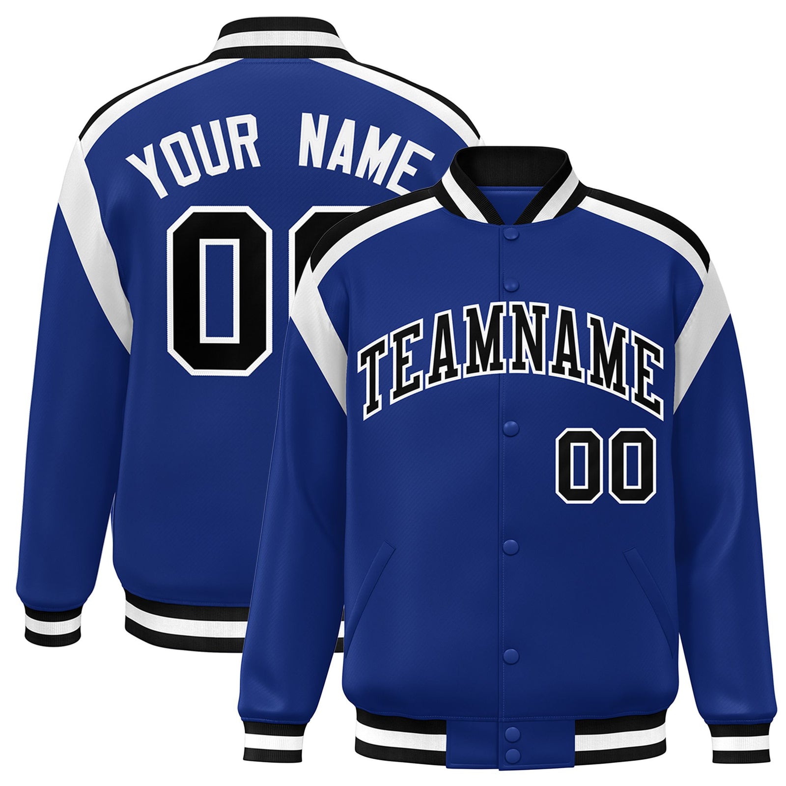 Custom Thunder Blue Black-White Bomber Full-Snap Varsity Letterman Shoulder Stripe Jacket