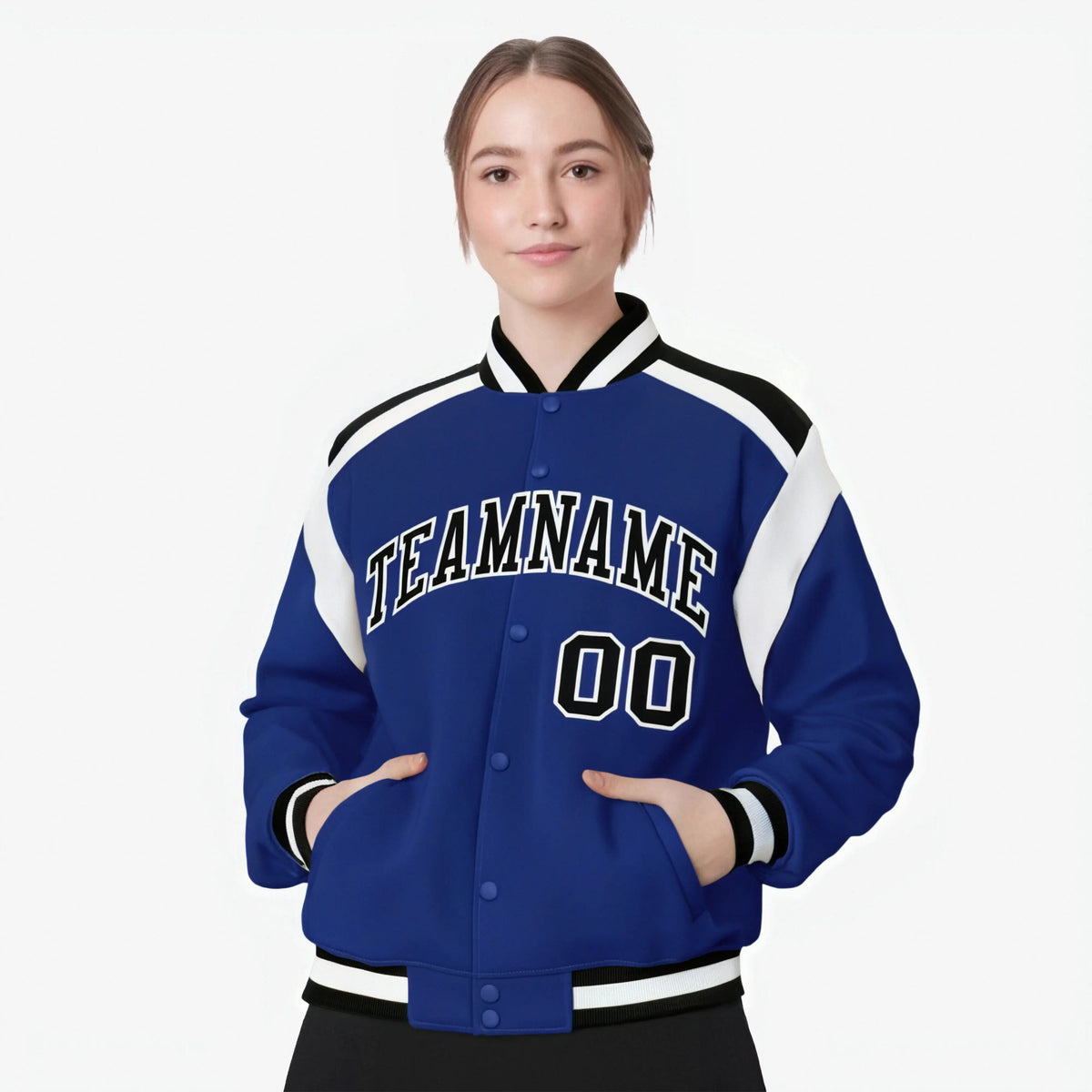 Custom Thunder Blue Black-White Bomber Full-Snap Varsity Letterman Shoulder Stripe Jacket