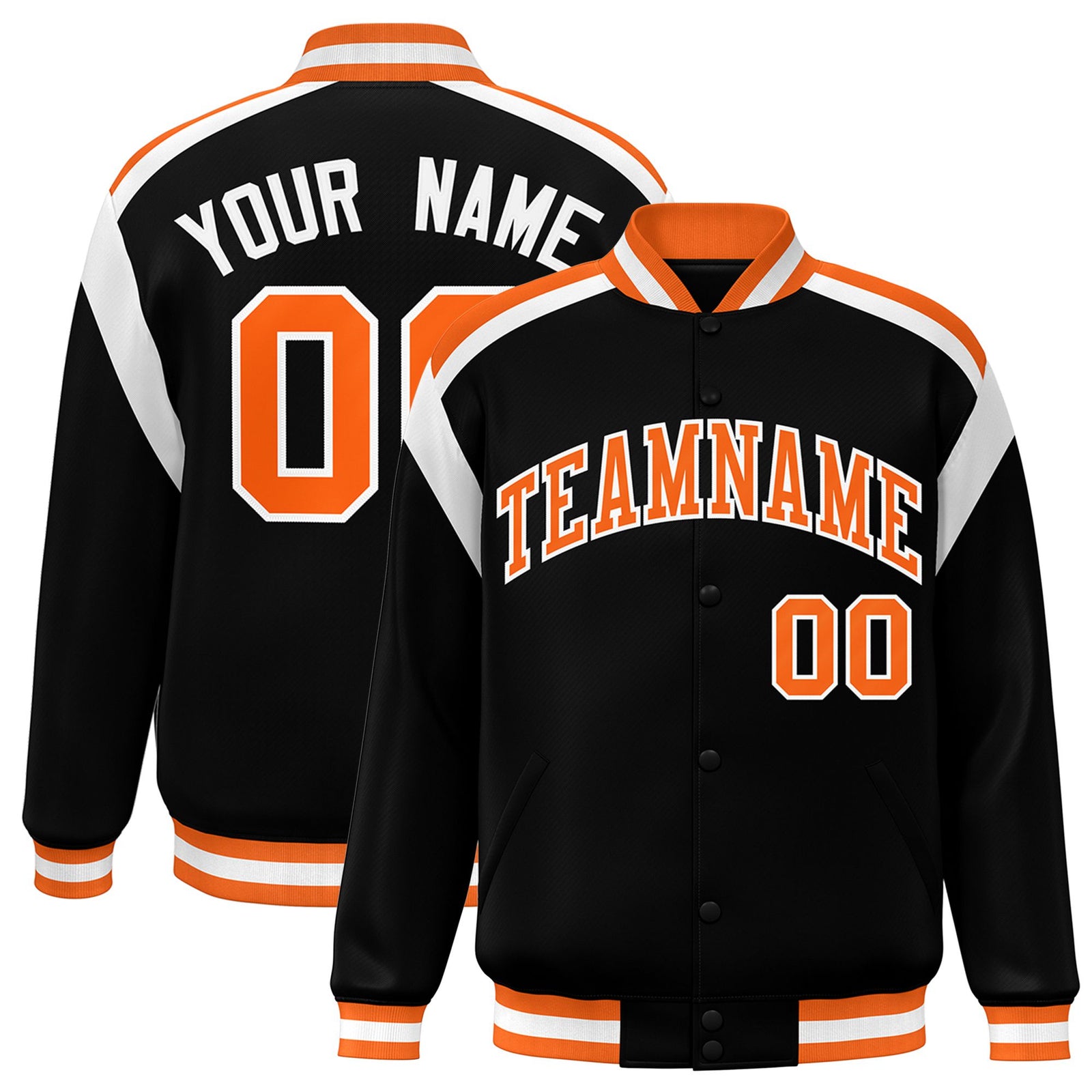 Custom Black Orange-White Bomber Full-Snap Varsity Letterman Shoulder Stripe Jacket