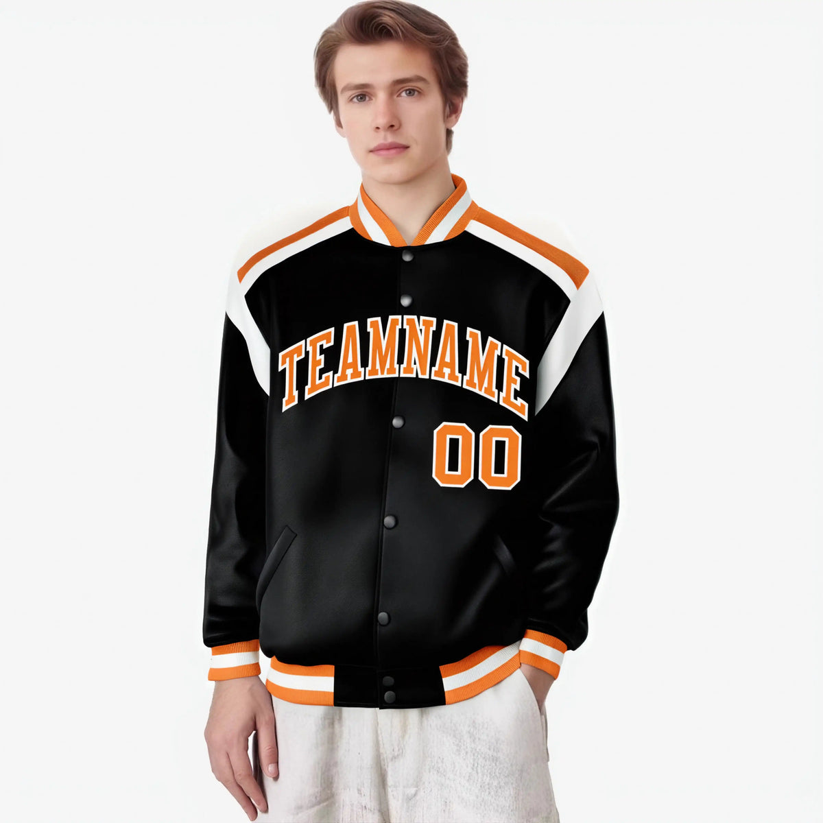 Custom Black Orange-White Bomber Full-Snap Varsity Letterman Shoulder Stripe Jacket