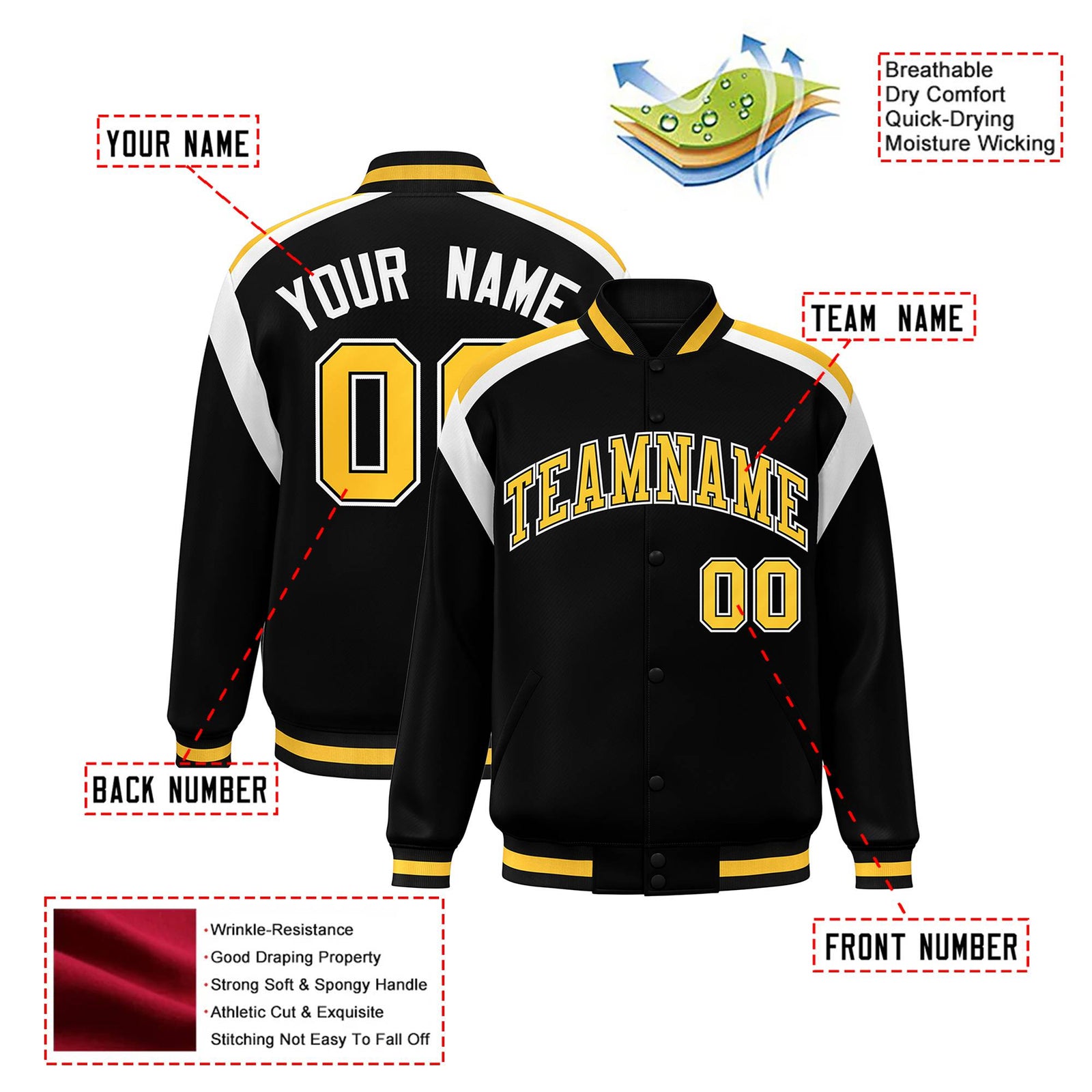 Custom Black Yellow-White Bomber Full-Snap Varsity Letterman Shoulder Stripe Jacket