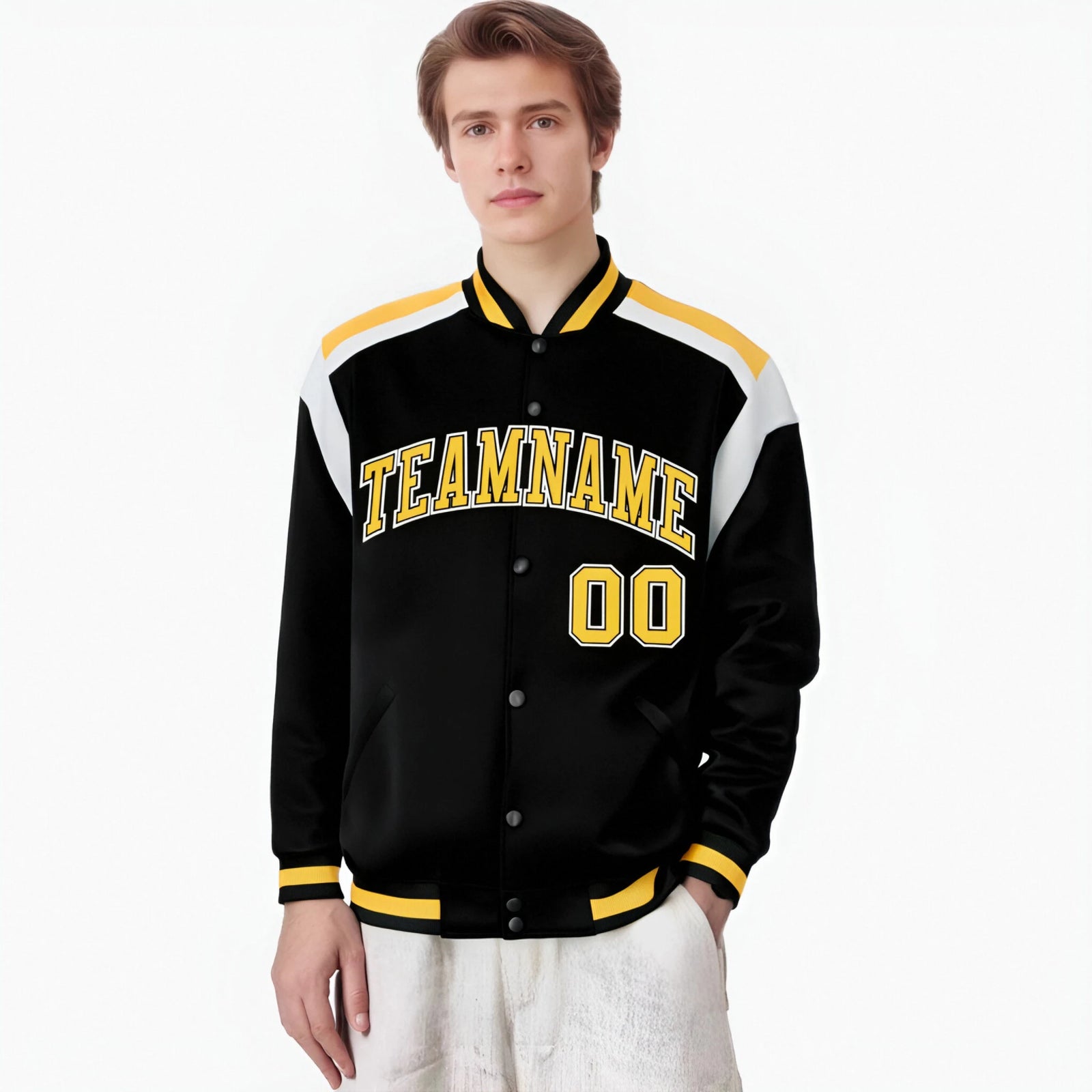 Custom Black Yellow-White Bomber Full-Snap Varsity Letterman Shoulder Stripe Jacket