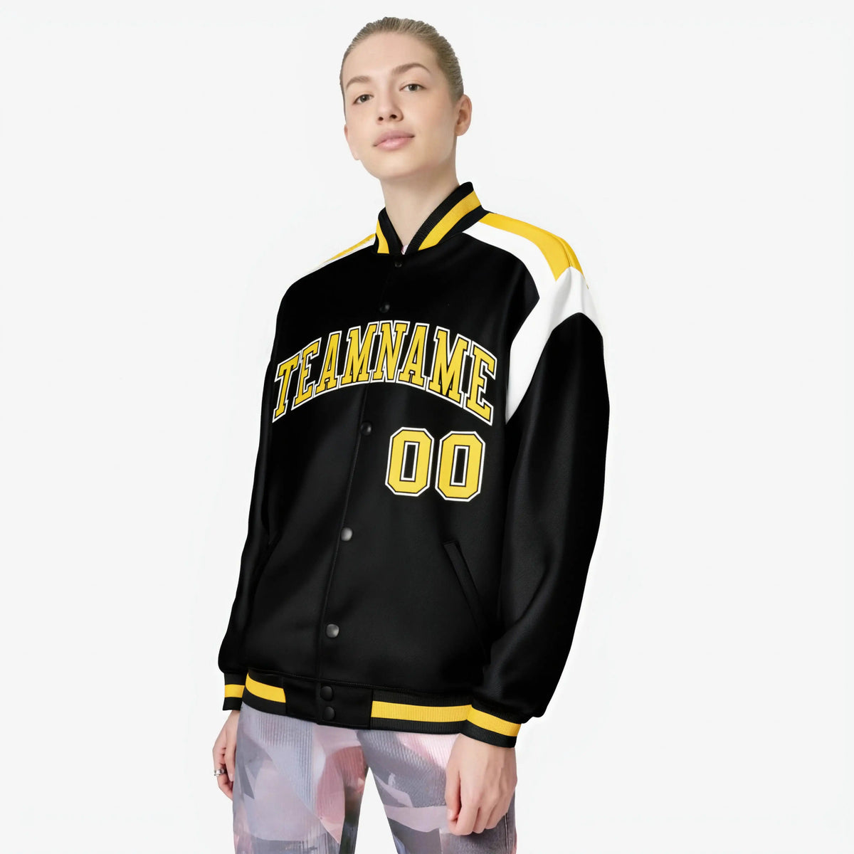 Custom Black Yellow-White Bomber Full-Snap Varsity Letterman Shoulder Stripe Jacket