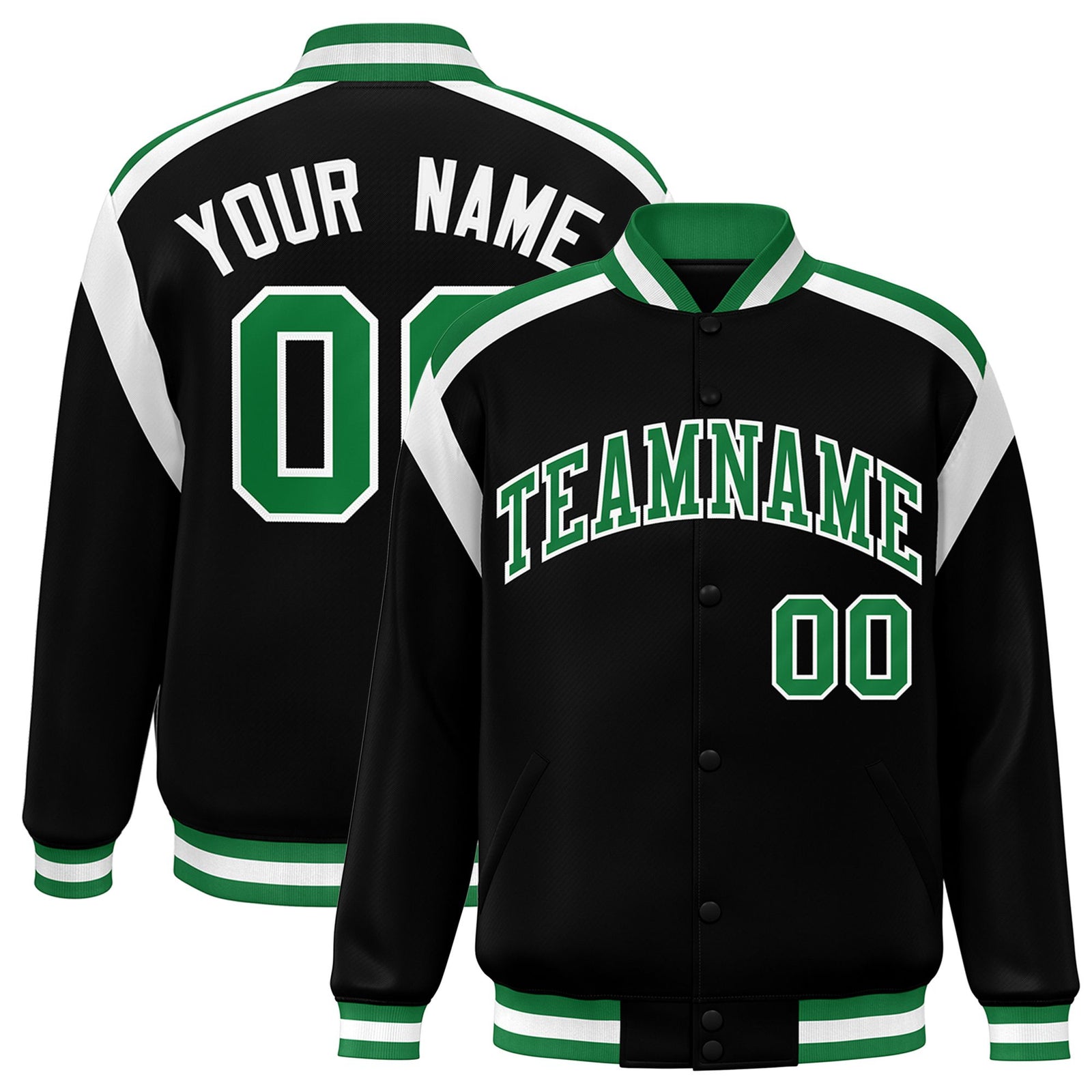 Custom Black Green-White Bomber Full-Snap Varsity Letterman Shoulder Stripe Jacket
