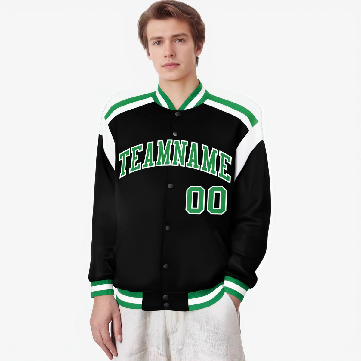 Custom Black Green-White Bomber Full-Snap Varsity Letterman Shoulder Stripe Jacket