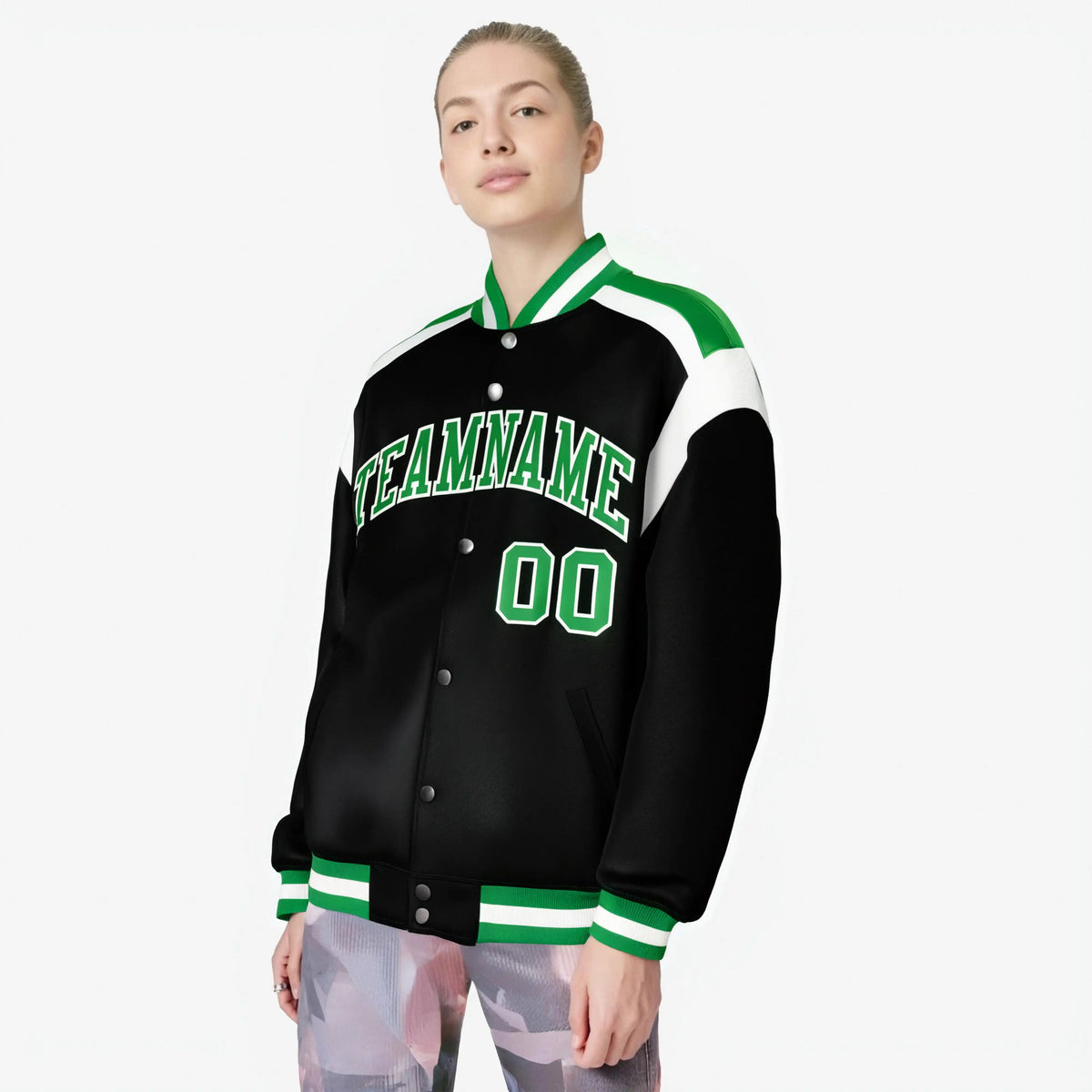 Custom Black Green-White Bomber Full-Snap Varsity Letterman Shoulder Stripe Jacket