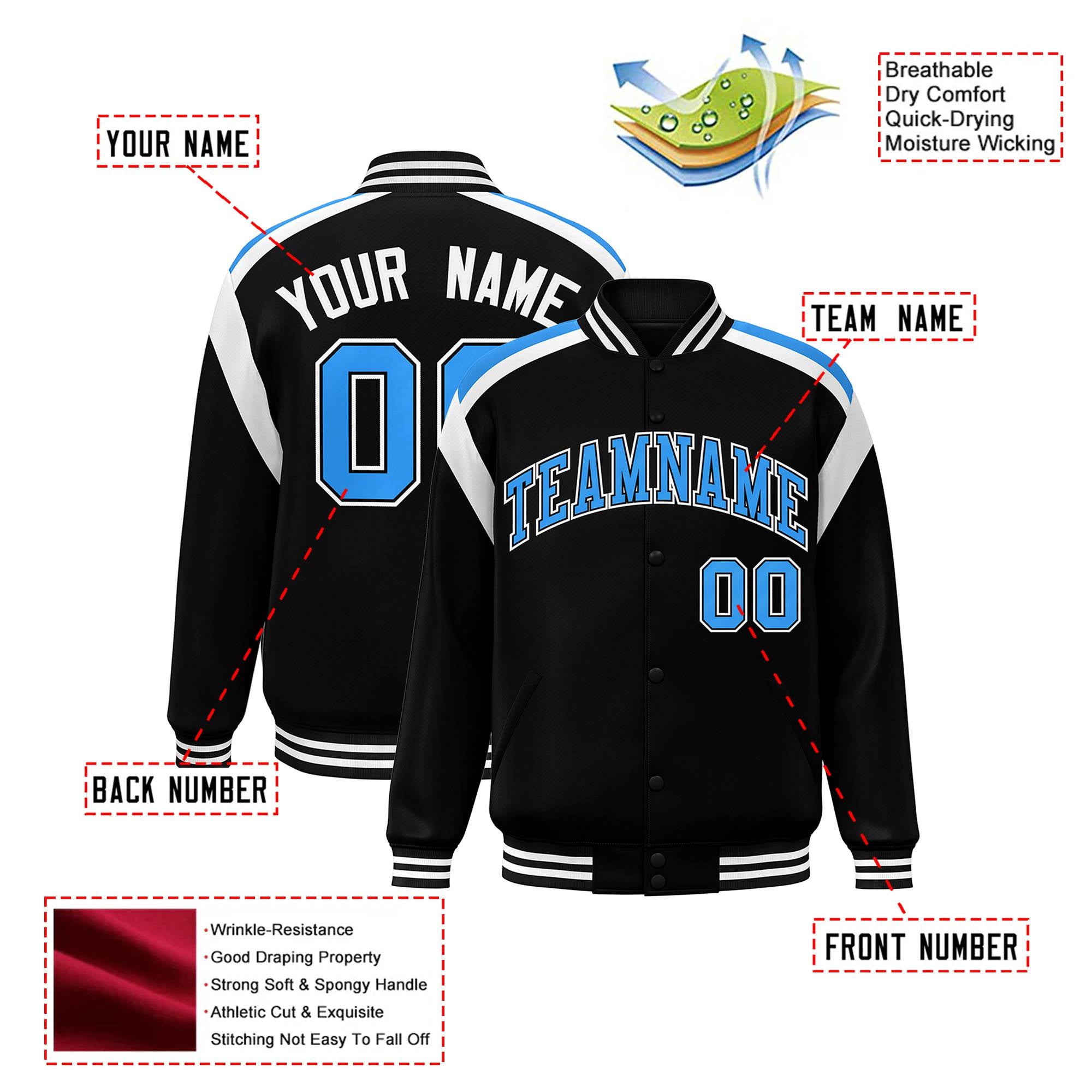 Custom Black Blue-White Bomber Full-Snap Varsity Letterman Shoulder Stripe Jacket