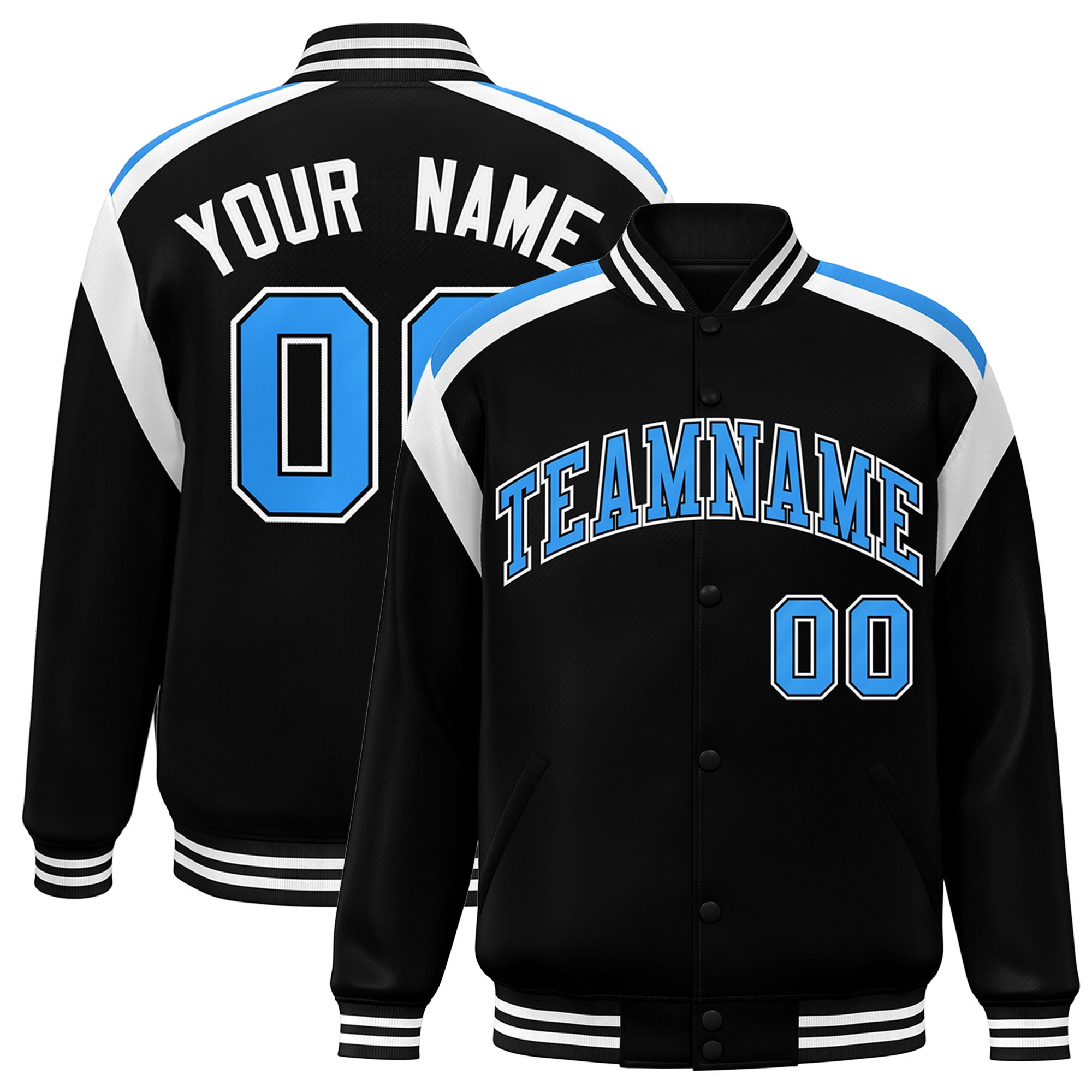 Custom Black Blue-White Bomber Full-Snap Varsity Letterman Shoulder Stripe Jacket