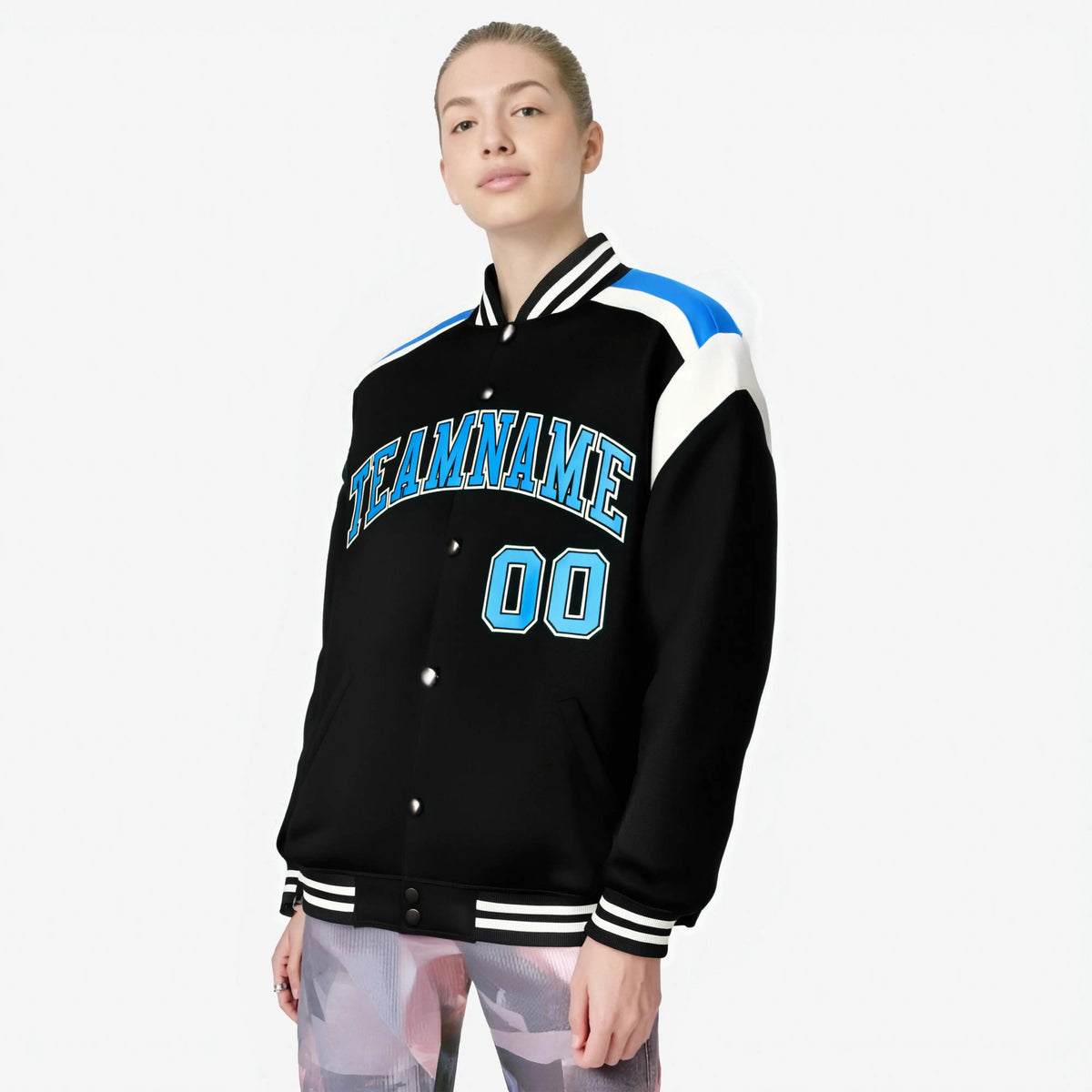 Custom Black Blue-White Bomber Full-Snap Varsity Letterman Shoulder Stripe Jacket