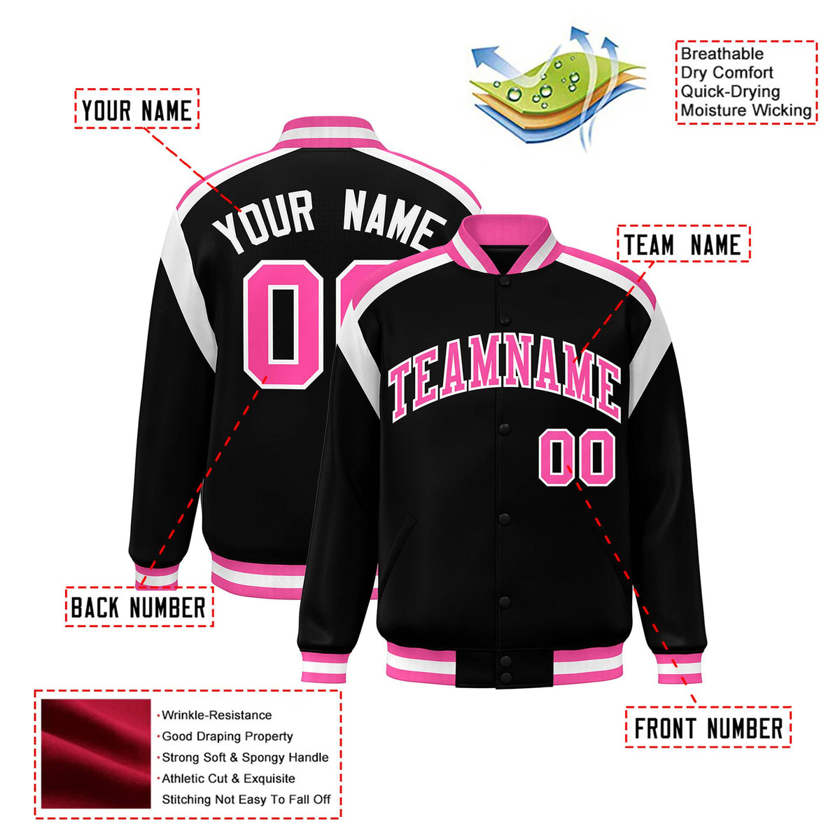 Custom Black Pink-White Bomber Full-Snap Varsity Letterman Shoulder Stripe Jacket