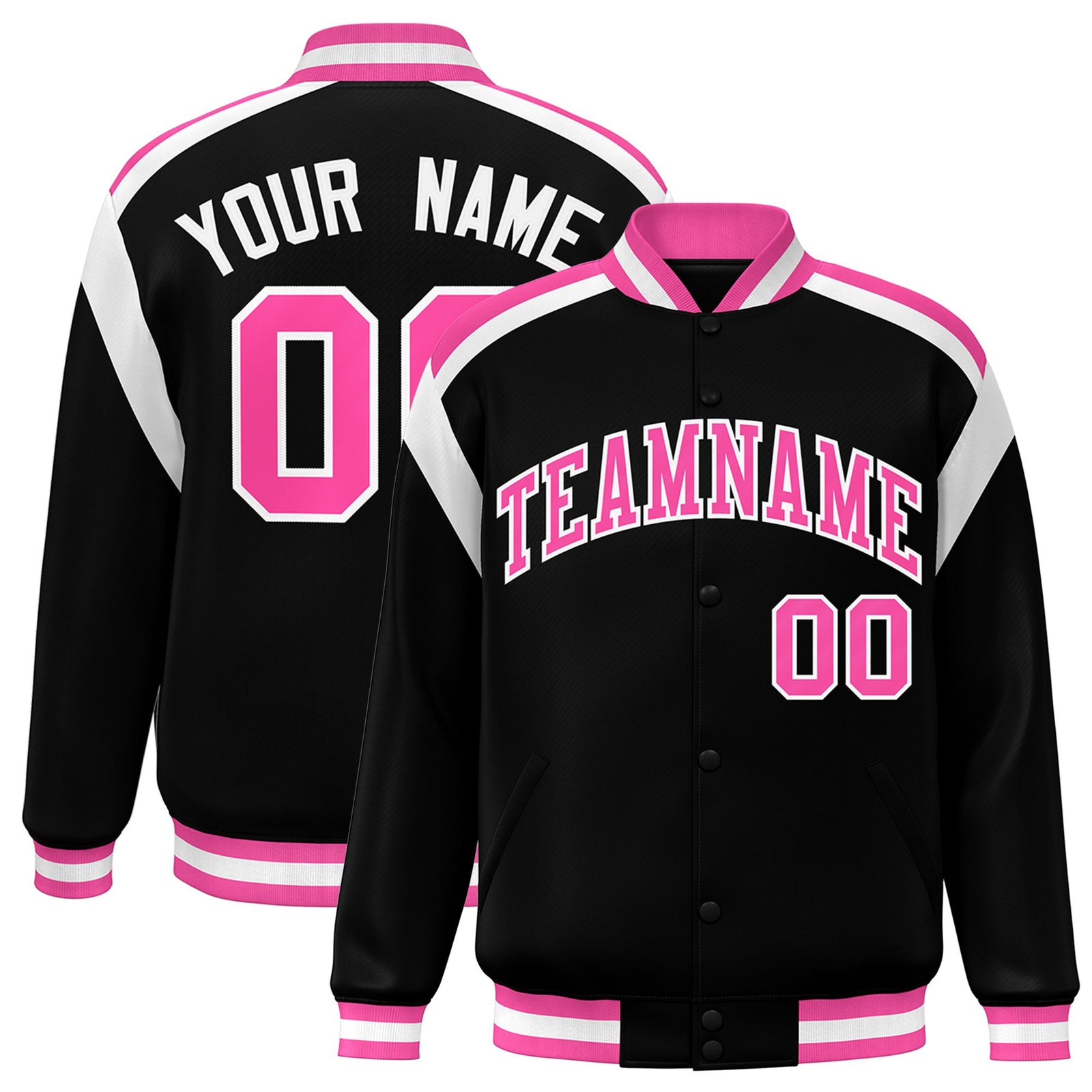 Custom Black Pink-White Bomber Full-Snap Varsity Letterman Shoulder Stripe Jacket