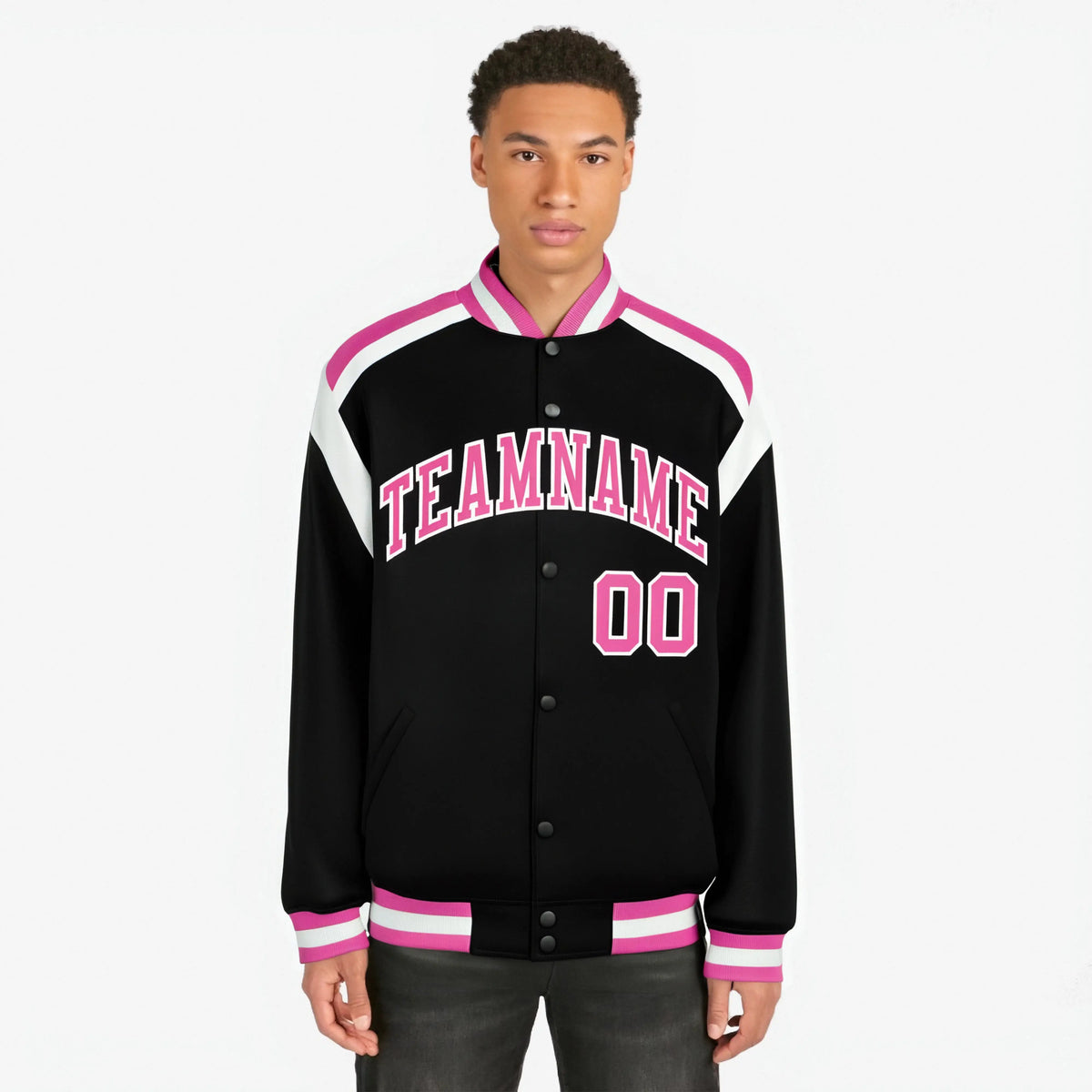 Custom Black Pink-White Bomber Full-Snap Varsity Letterman Shoulder Stripe Jacket