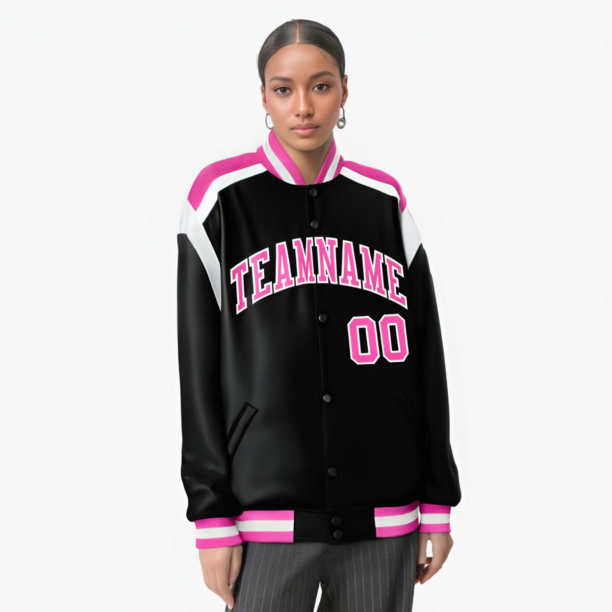 Custom Black Pink-White Bomber Full-Snap Varsity Letterman Shoulder Stripe Jacket