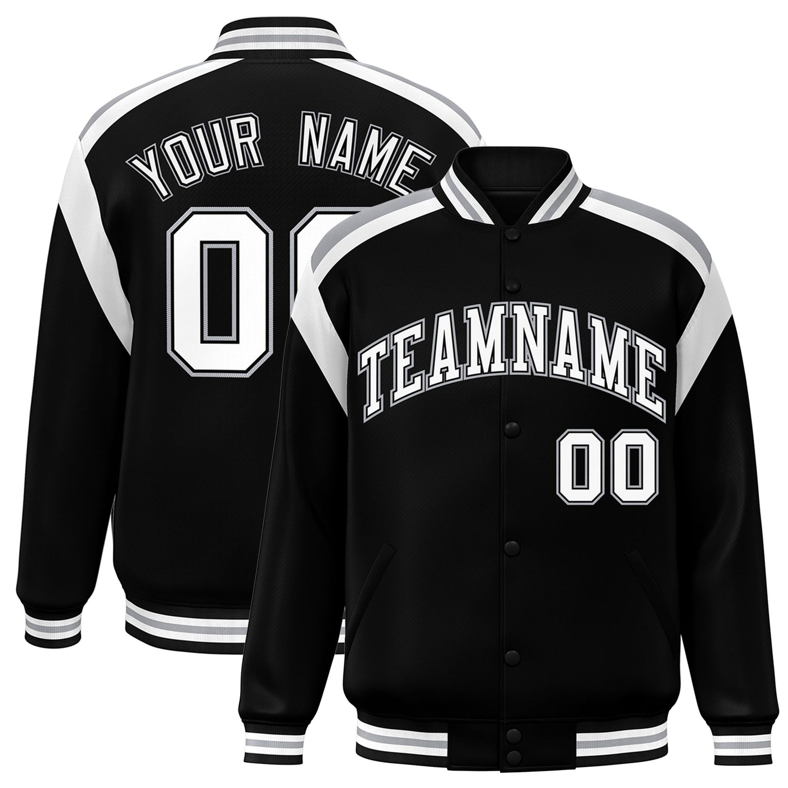 Custom Black Gray-White Bomber Full-Snap Varsity Letterman Shoulder Stripe Jacket