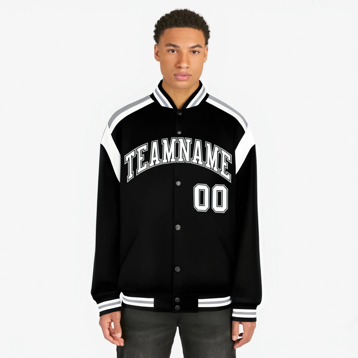 Custom Black Gray-White Bomber Full-Snap Varsity Letterman Shoulder Stripe Jacket