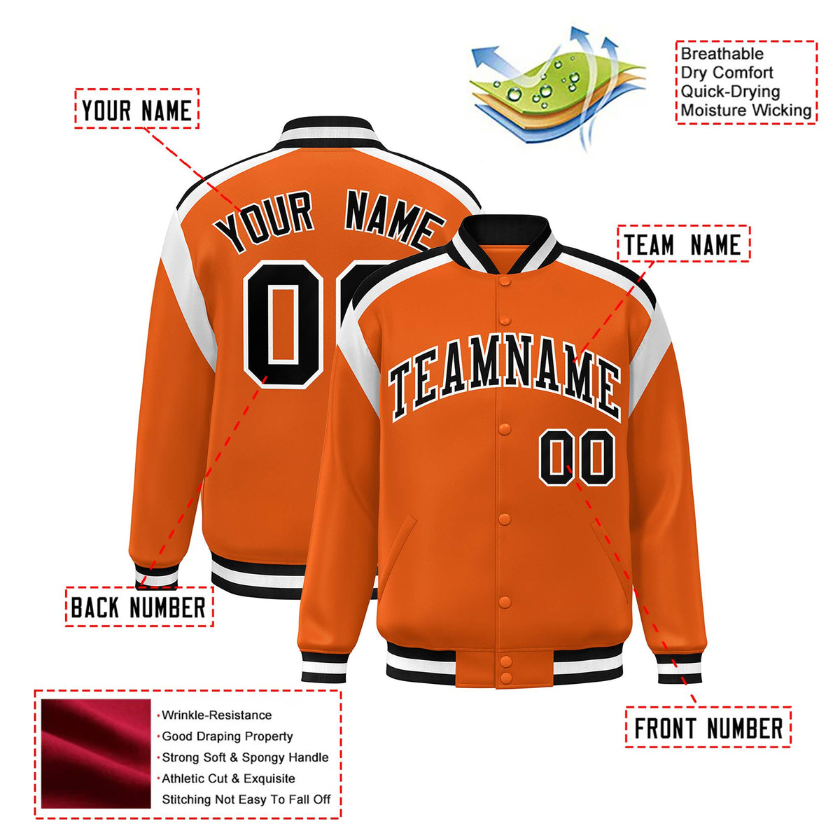 Custom Orange Black-White Bomber Full-Snap Varsity Letterman Shoulder Stripe Jacket