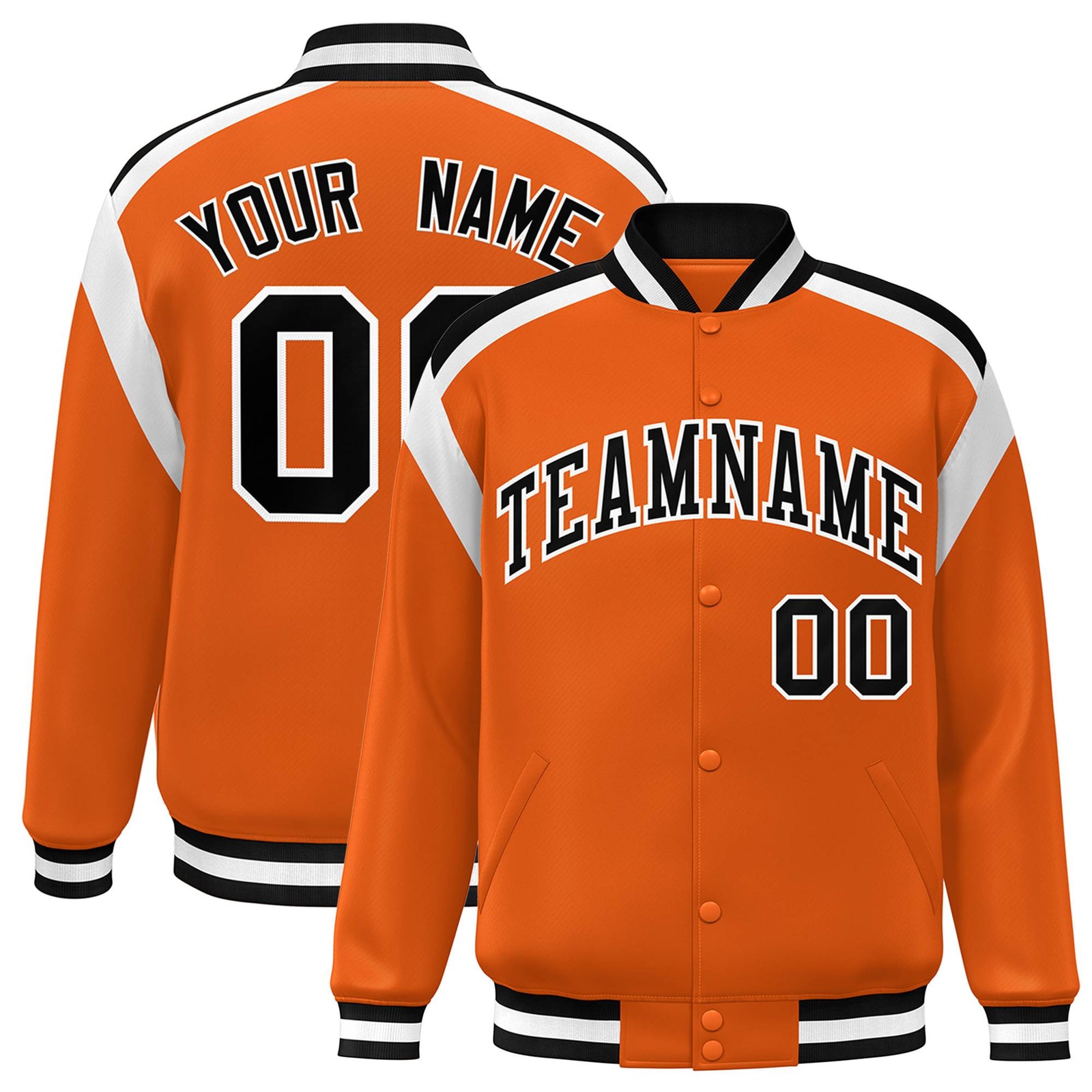 Custom Orange Black-White Bomber Full-Snap Varsity Letterman Shoulder Stripe Jacket