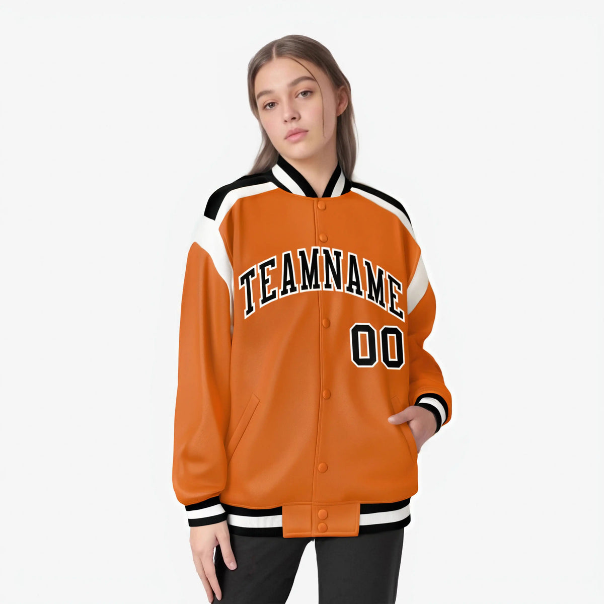 Custom Orange Black-White Bomber Full-Snap Varsity Letterman Shoulder Stripe Jacket