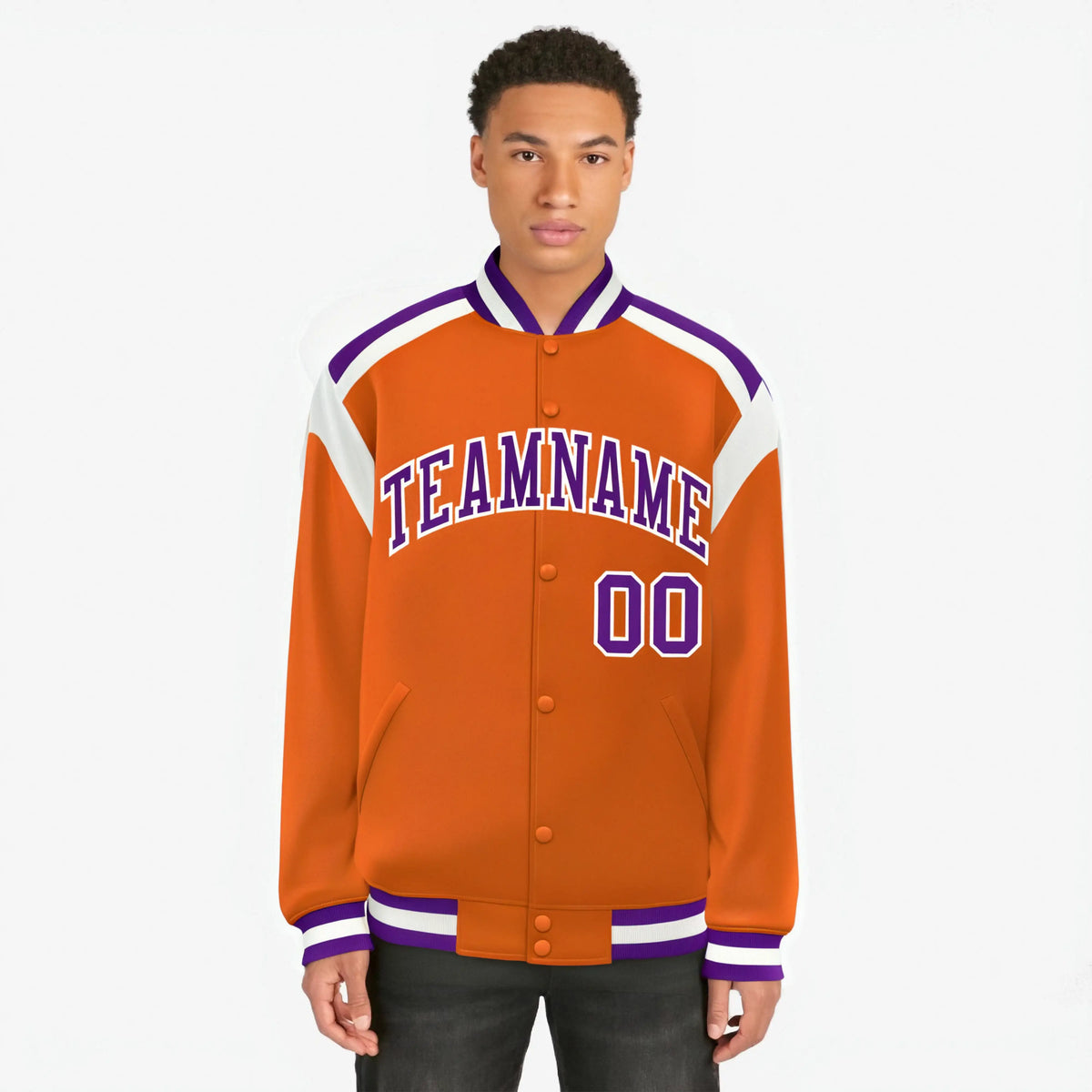 Custom Orange Purple-White Bomber Full-Snap Varsity Letterman Shoulder Stripe Jacket