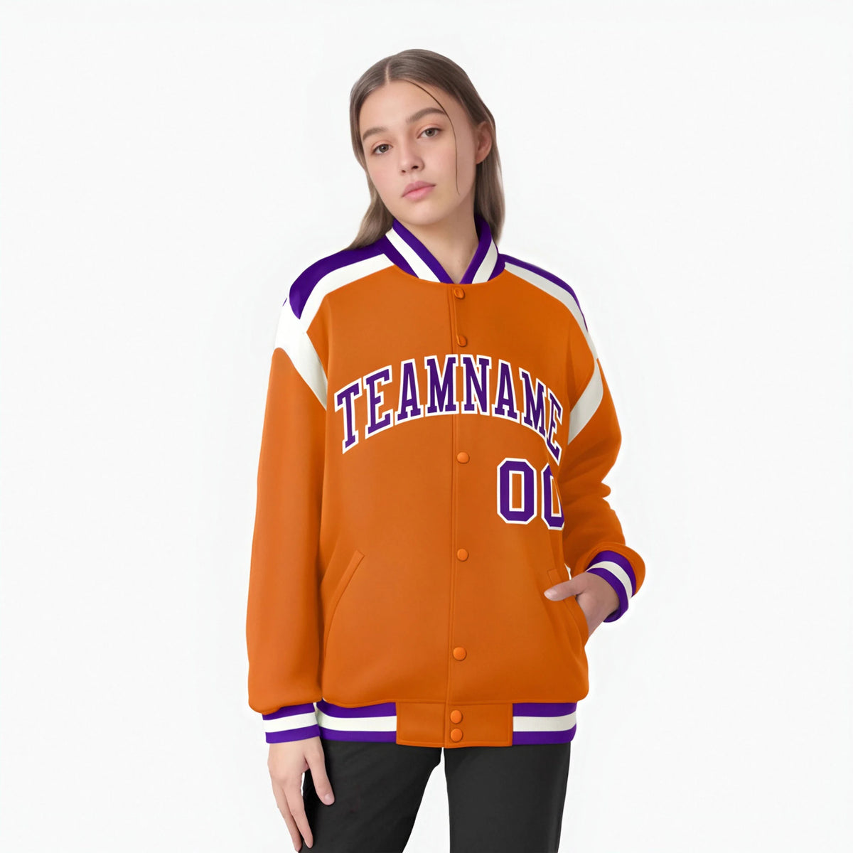 Custom Orange Purple-White Bomber Full-Snap Varsity Letterman Shoulder Stripe Jacket