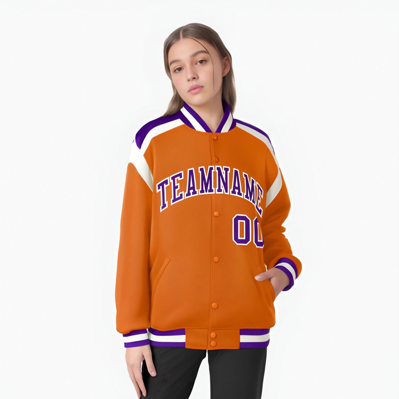 Custom Orange Purple-White Bomber Full-Snap Varsity Letterman Shoulder Stripe Jacket