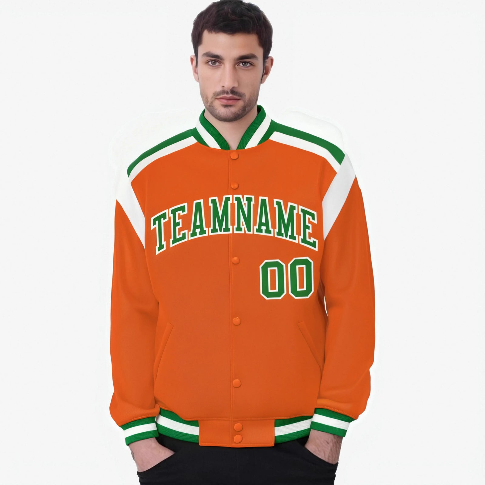 Custom Orange Green-White Bomber Full-Snap Varsity Letterman Shoulder Stripe Jacket