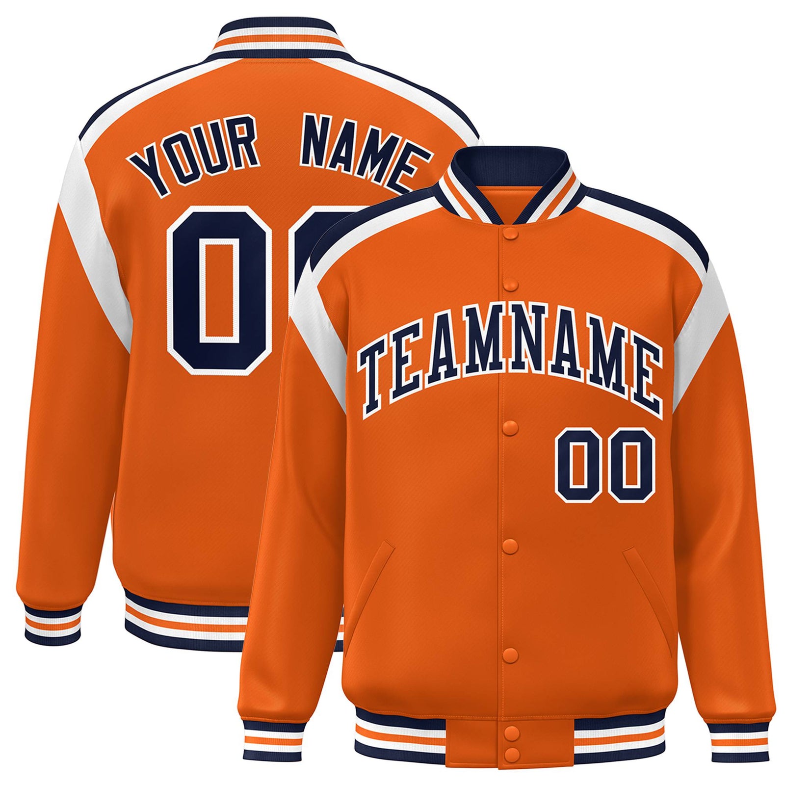 Custom Orange Navy-White Bomber Full-Snap Varsity Letterman Shoulder Stripe Jacket