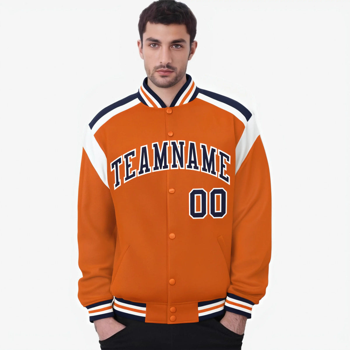 Custom Orange Navy-White Bomber Full-Snap Varsity Letterman Shoulder Stripe Jacket