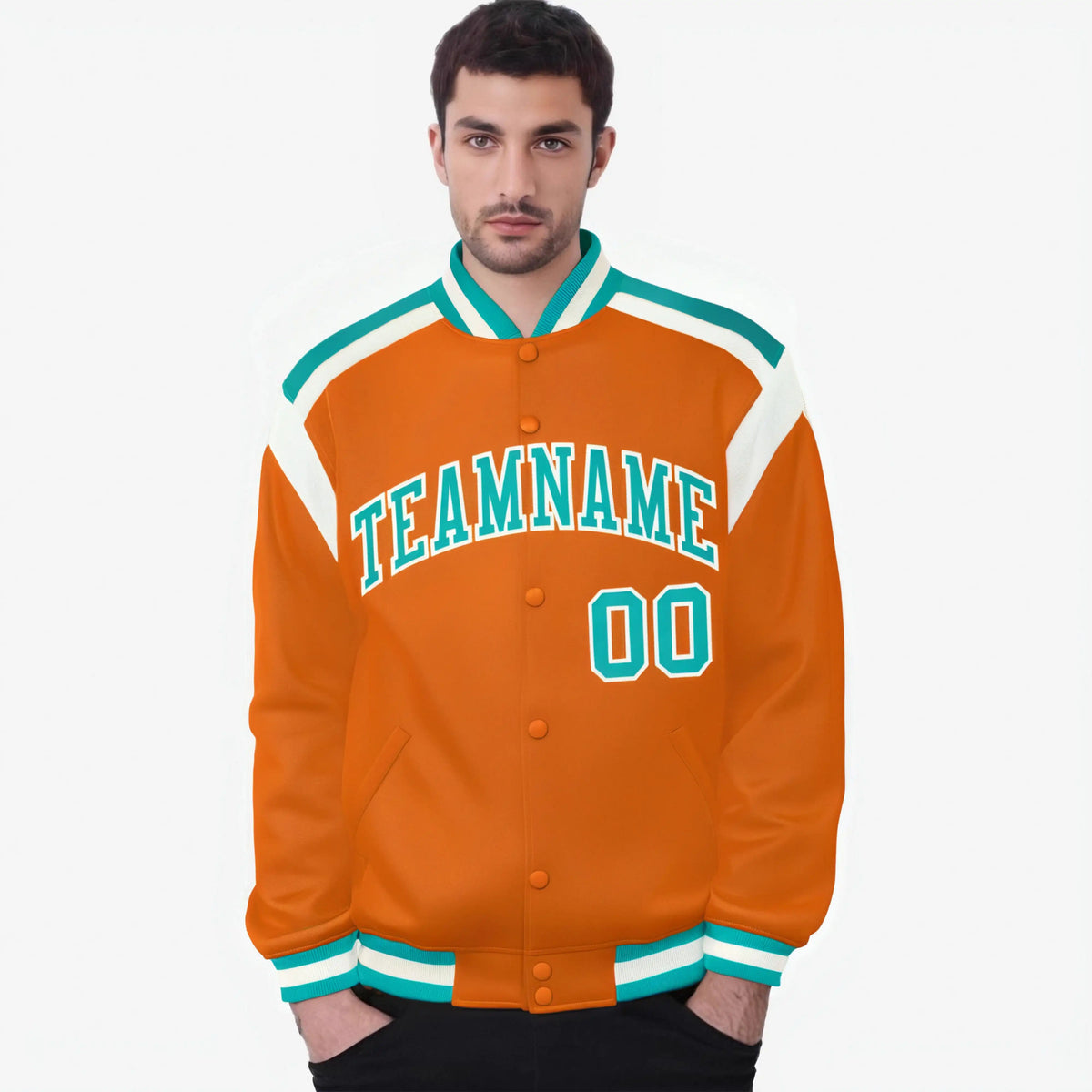 Custom Orange Aqua-White Bomber Full-Snap Varsity Letterman Shoulder Stripe Jacket