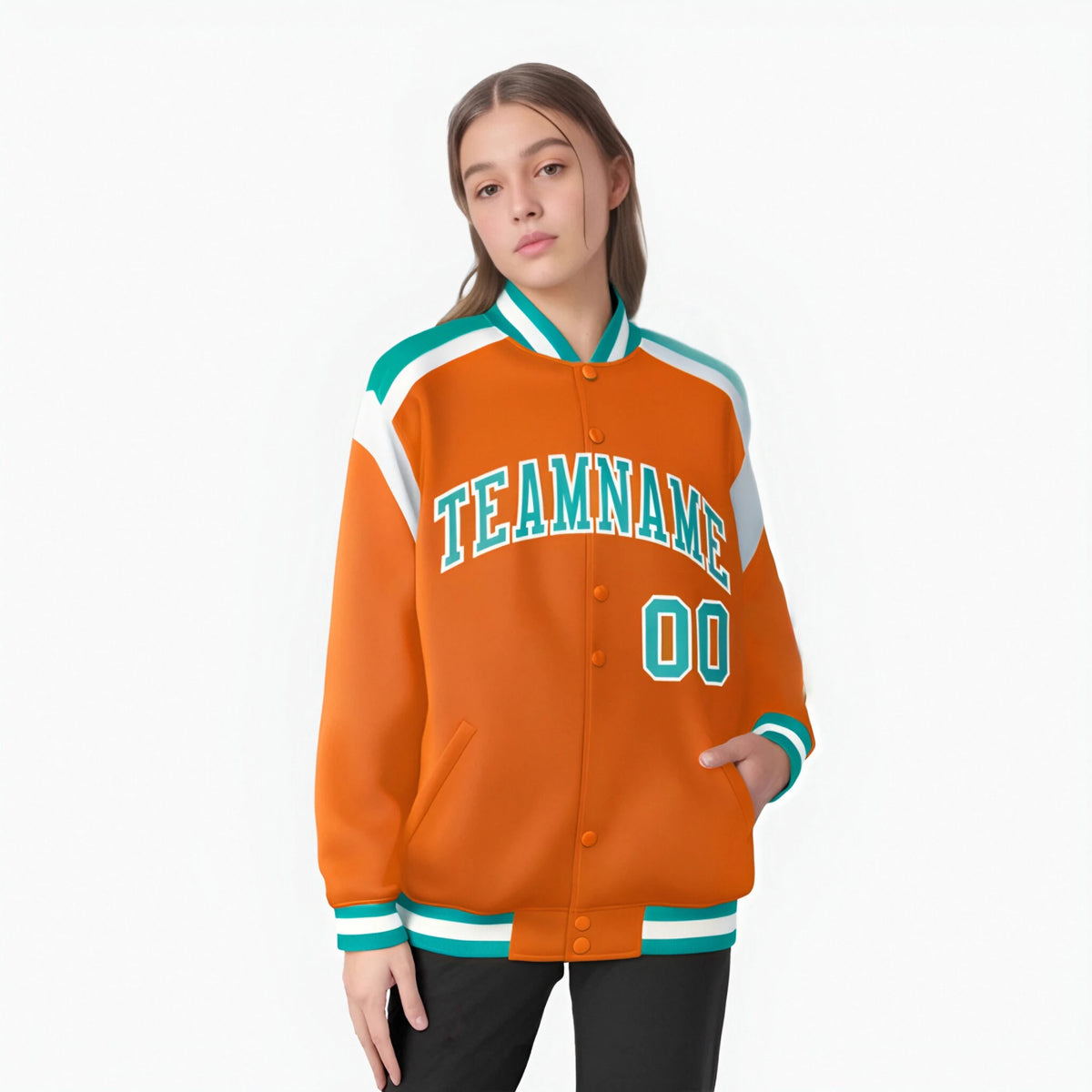 Custom Orange Aqua-White Bomber Full-Snap Varsity Letterman Shoulder Stripe Jacket