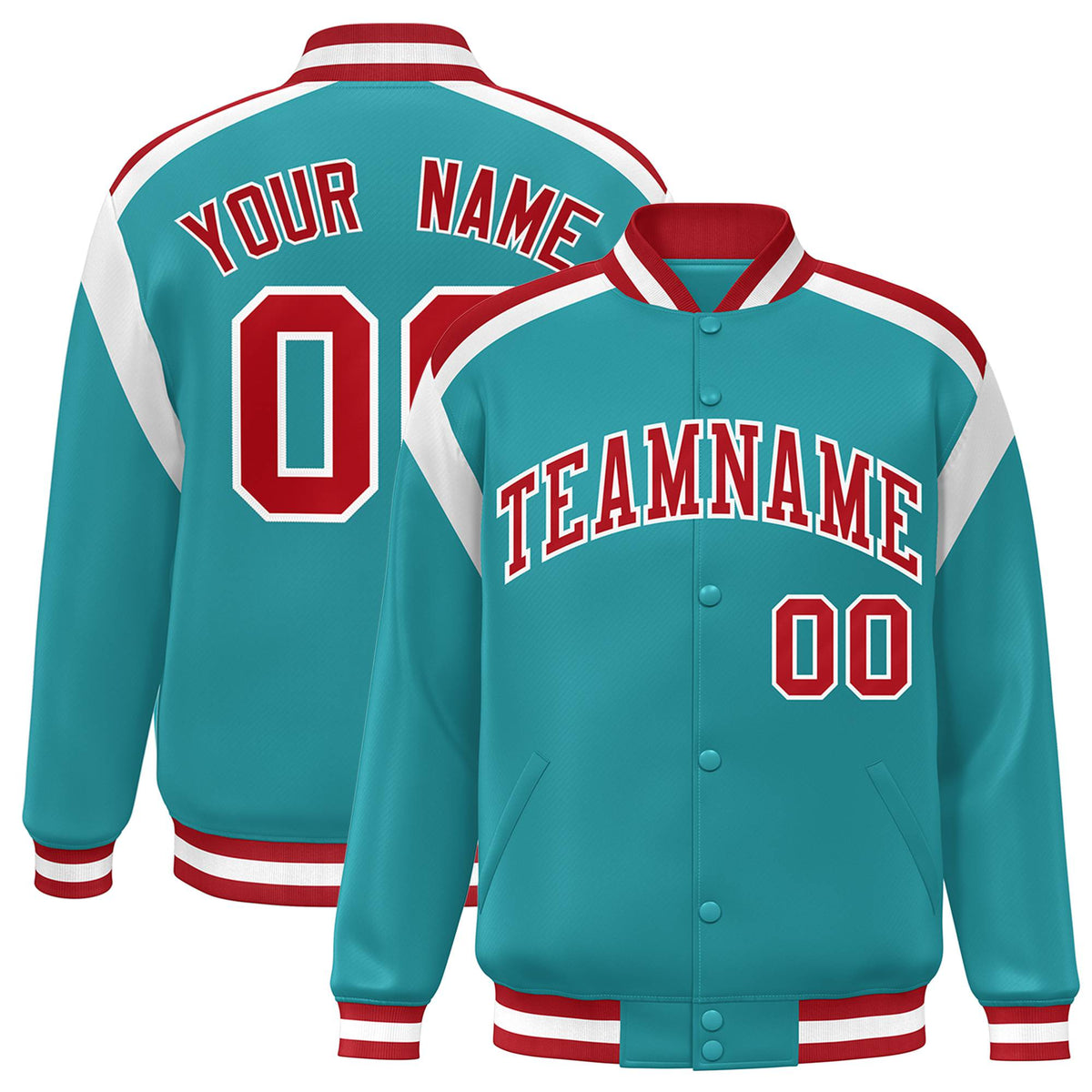 Custom Aqua Red-White Bomber Full-Snap Varsity Letterman Shoulder Stripe Jacket