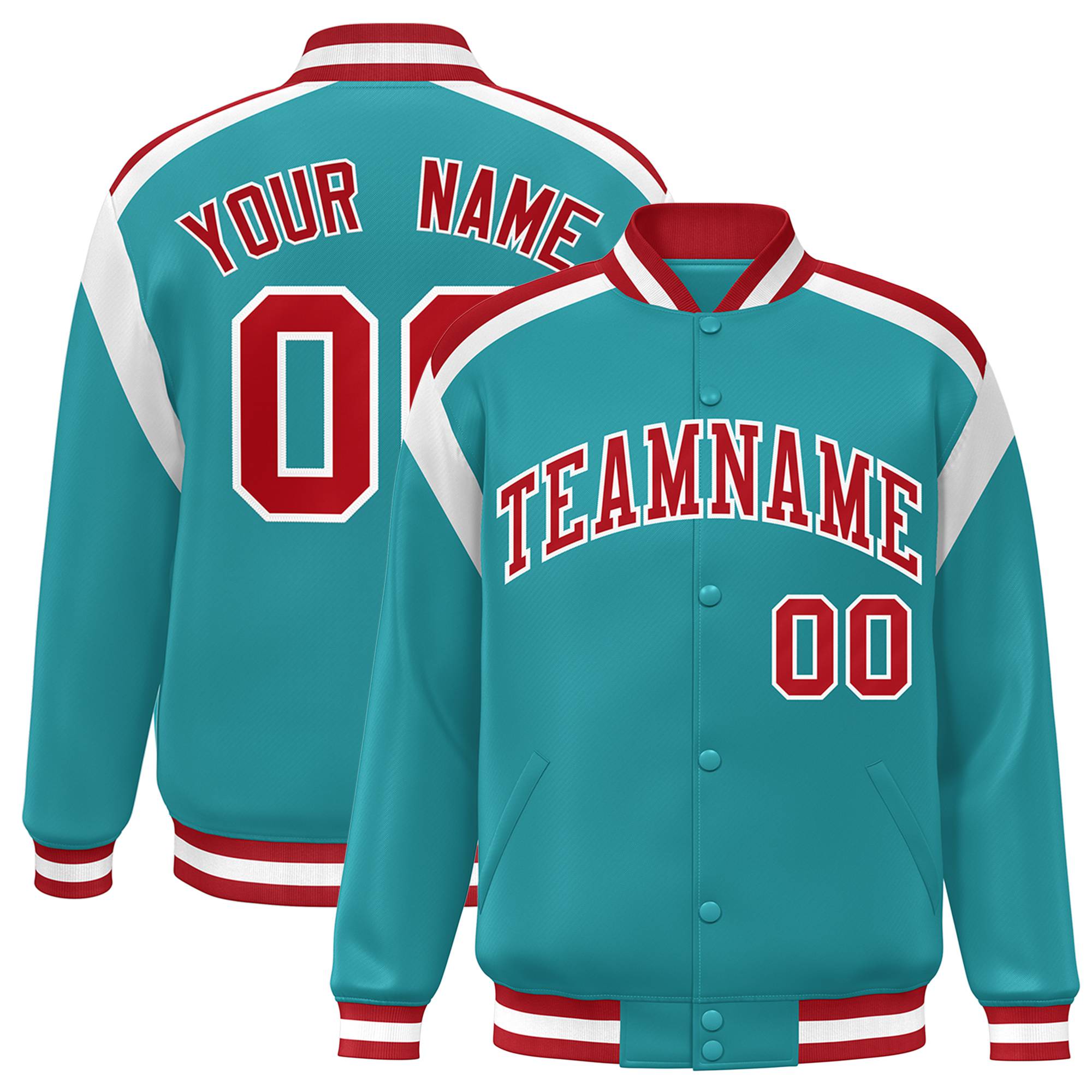 Custom Aqua Red-White Bomber Full-Snap Varsity Letterman Shoulder Stripe Jacket