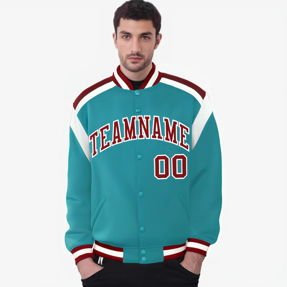 Custom Aqua Red-White Bomber Full-Snap Varsity Letterman Shoulder Stripe Jacket