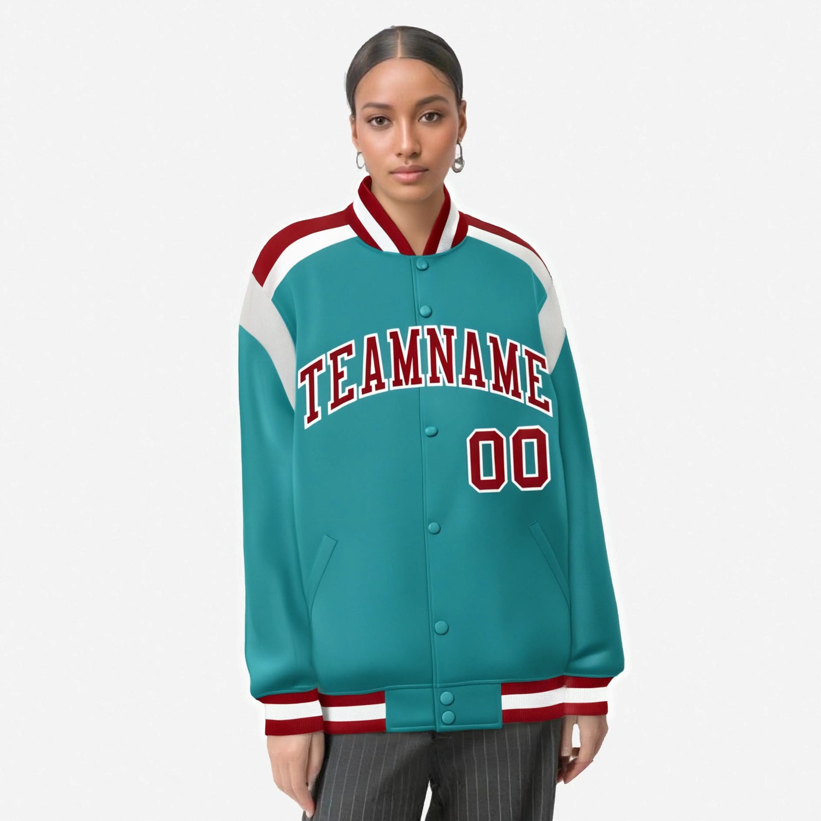 Custom Aqua Red-White Bomber Full-Snap Varsity Letterman Shoulder Stripe Jacket
