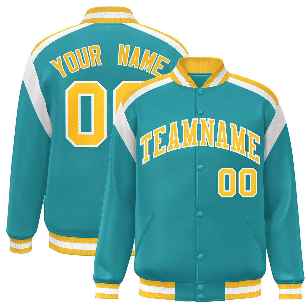 Custom Aqua Yellow-White Bomber Full-Snap Varsity Letterman Shoulder Stripe Jacket