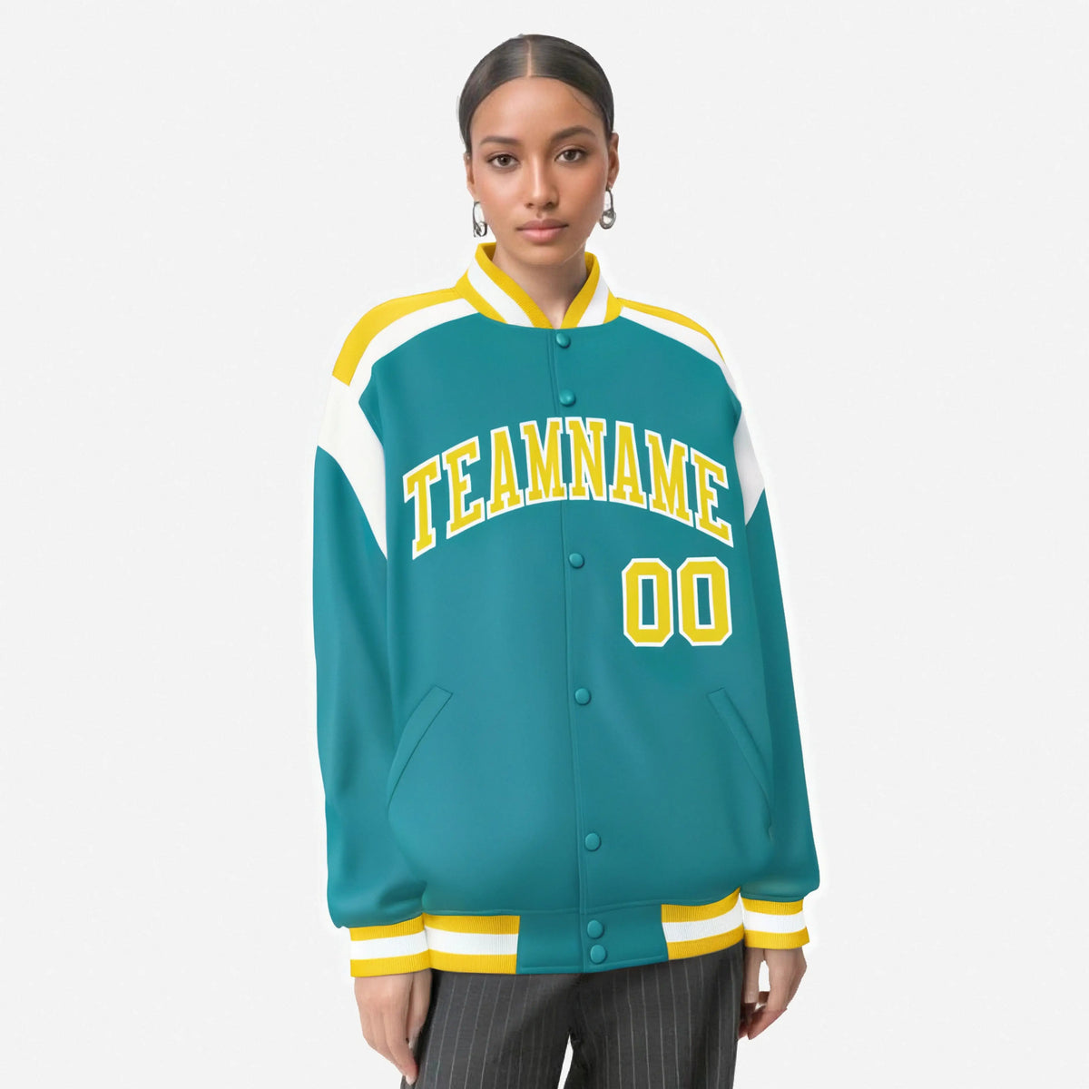 Custom Aqua Yellow-White Bomber Full-Snap Varsity Letterman Shoulder Stripe Jacket