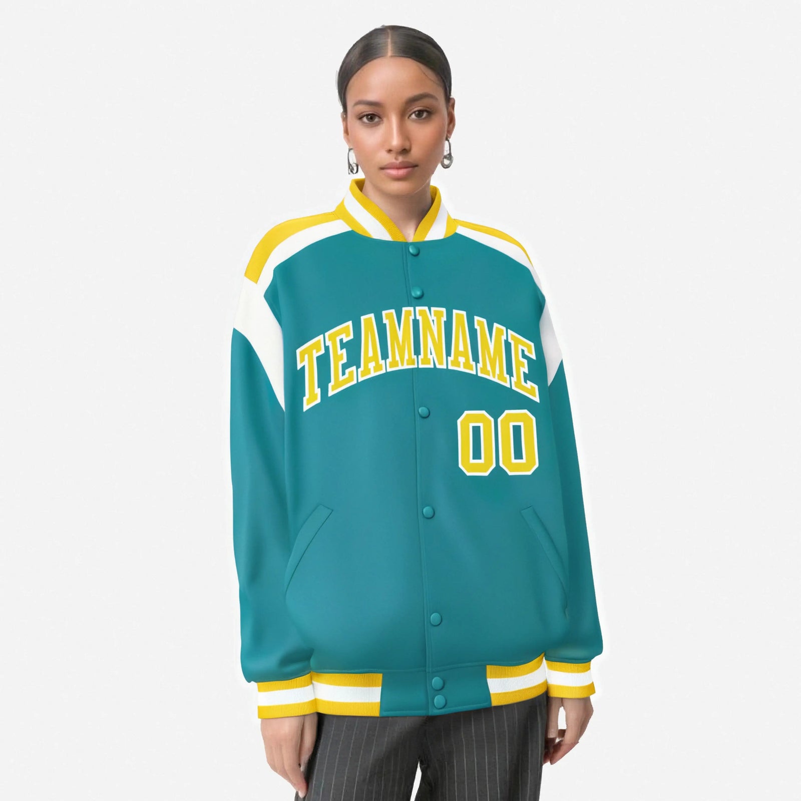 Custom Aqua Yellow-White Bomber Full-Snap Varsity Letterman Shoulder Stripe Jacket