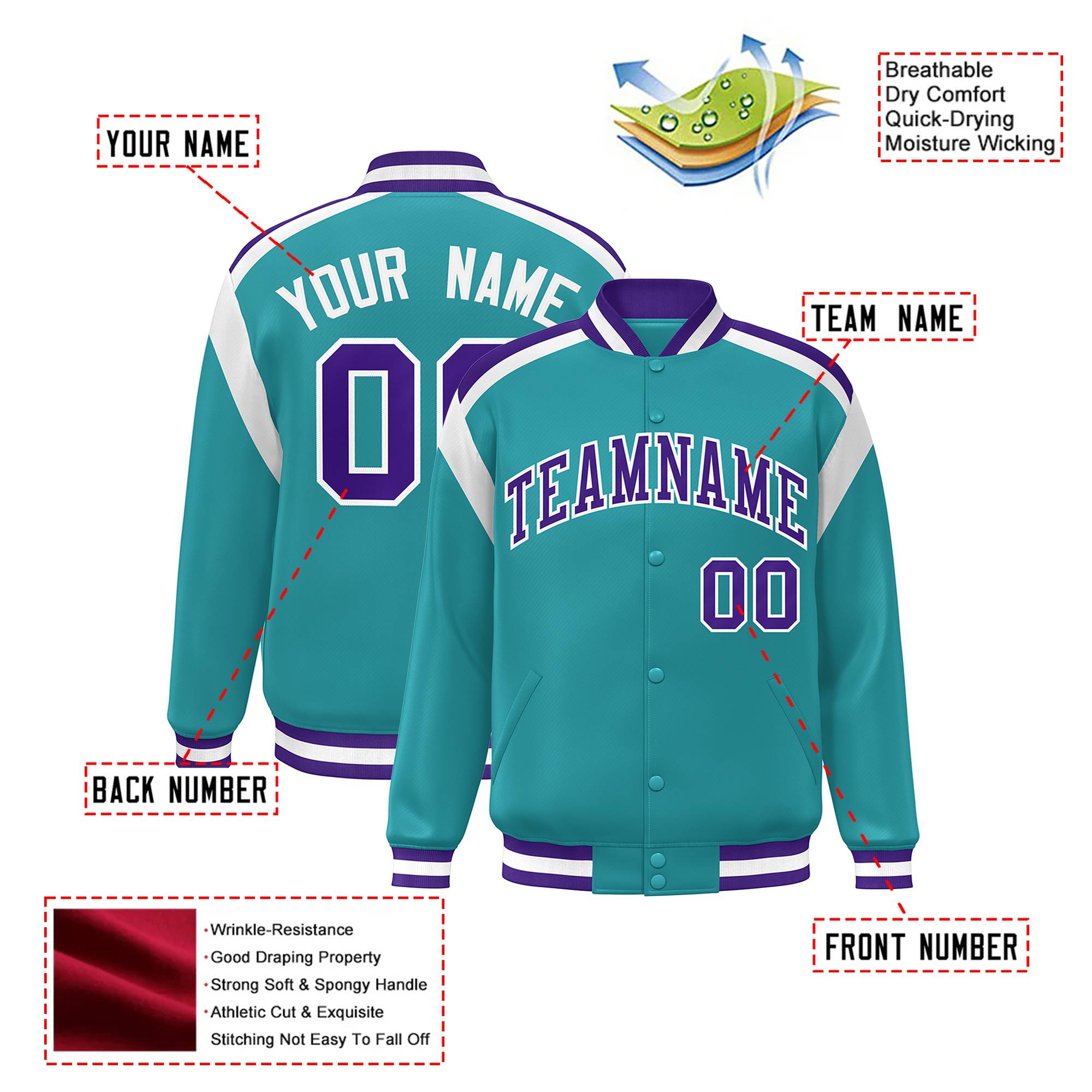 Custom Aqua Purple-White Bomber Full-Snap Varsity Letterman Shoulder Stripe Jacket