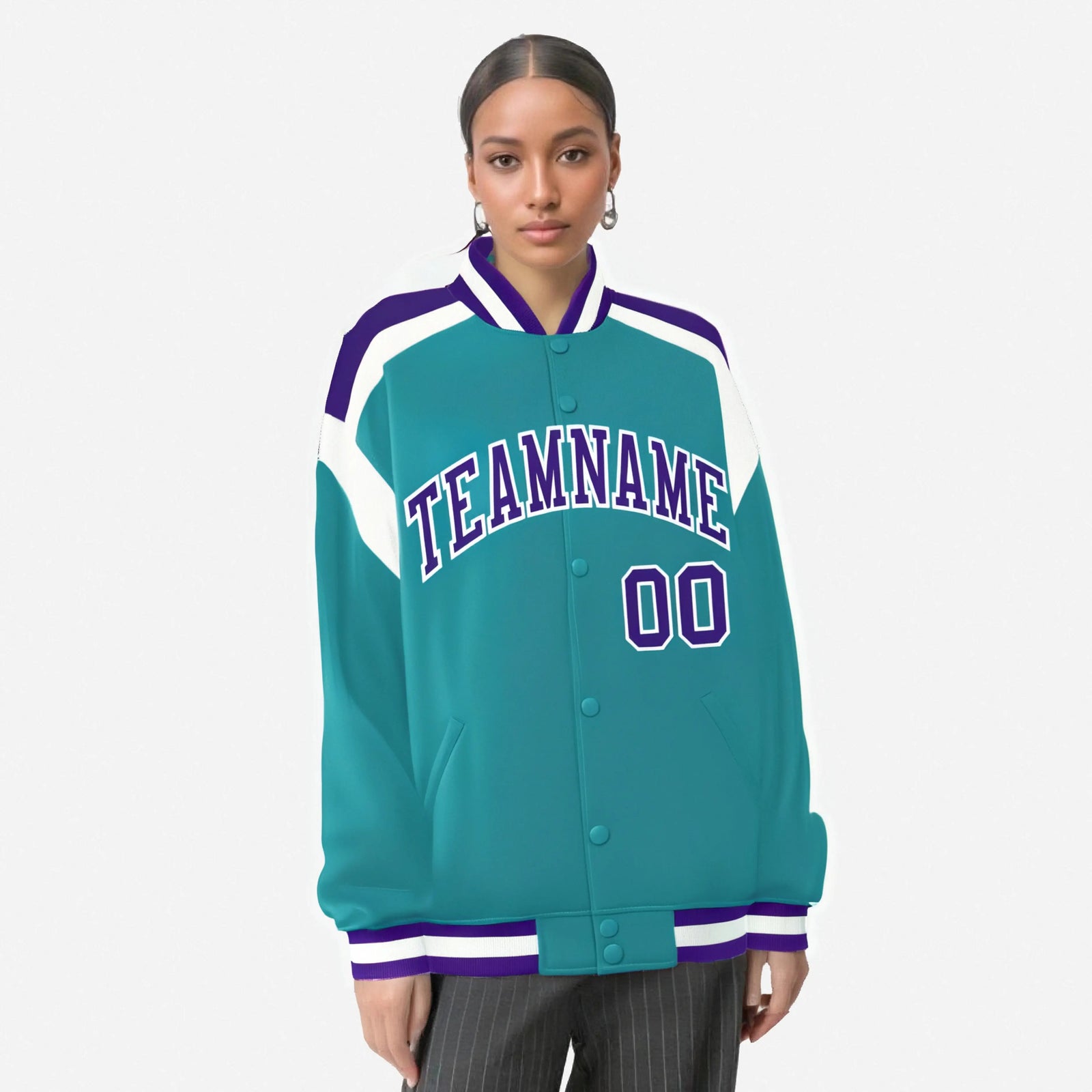 Custom Aqua Purple-White Bomber Full-Snap Varsity Letterman Shoulder Stripe Jacket